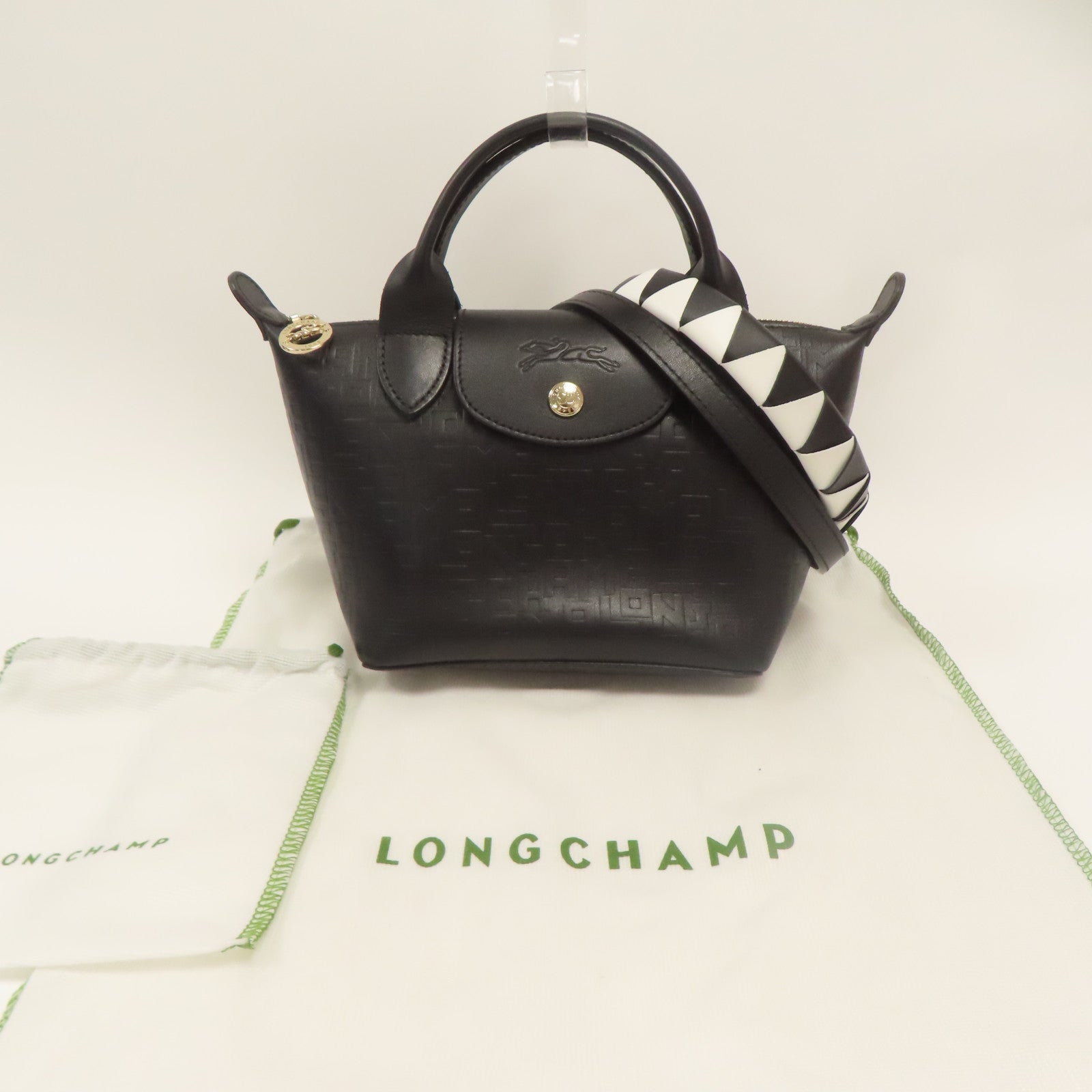 Longchamp 牛皮皮革2 Way Shoulder金扣手挽肩背兩用袋黑色