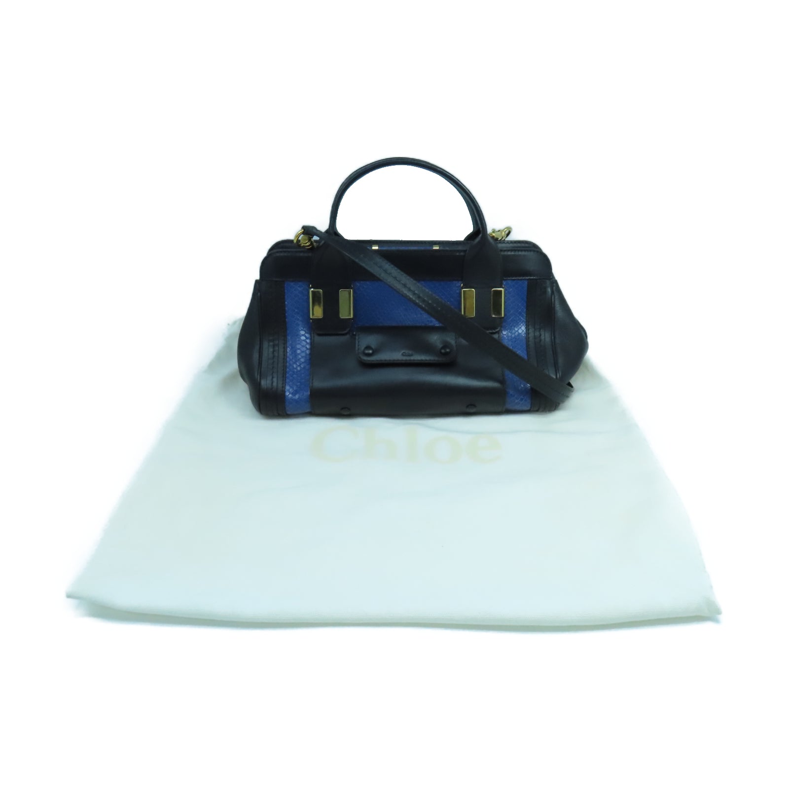 Chloe Cowhide/Snakeskin Leather 2 Way Shoulder Gold Buckle Handle Shoulder Bag Black/Blue