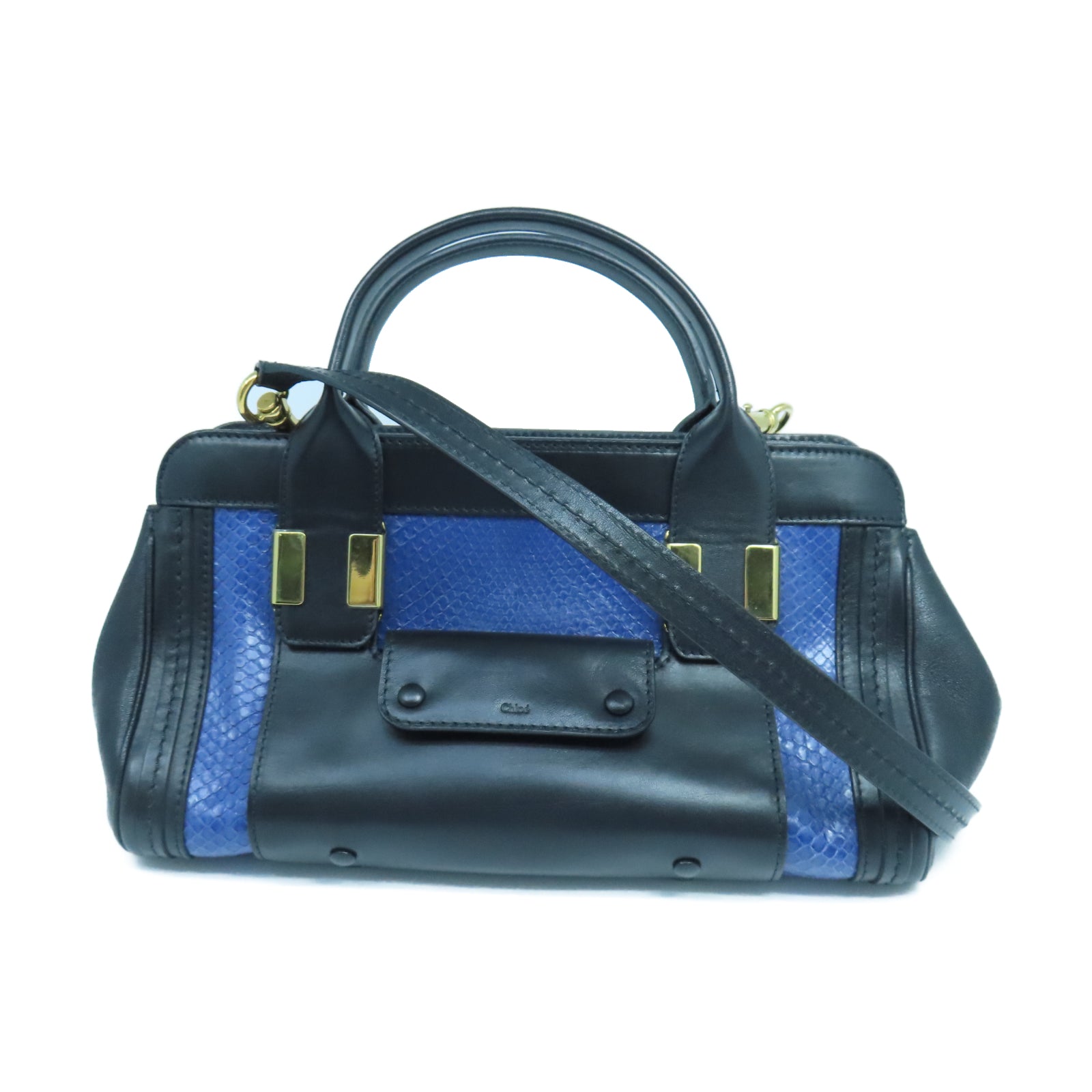 Chloe Cowhide/Snakeskin Leather 2 Way Shoulder Gold Buckle Handle Shoulder Bag Black/Blue