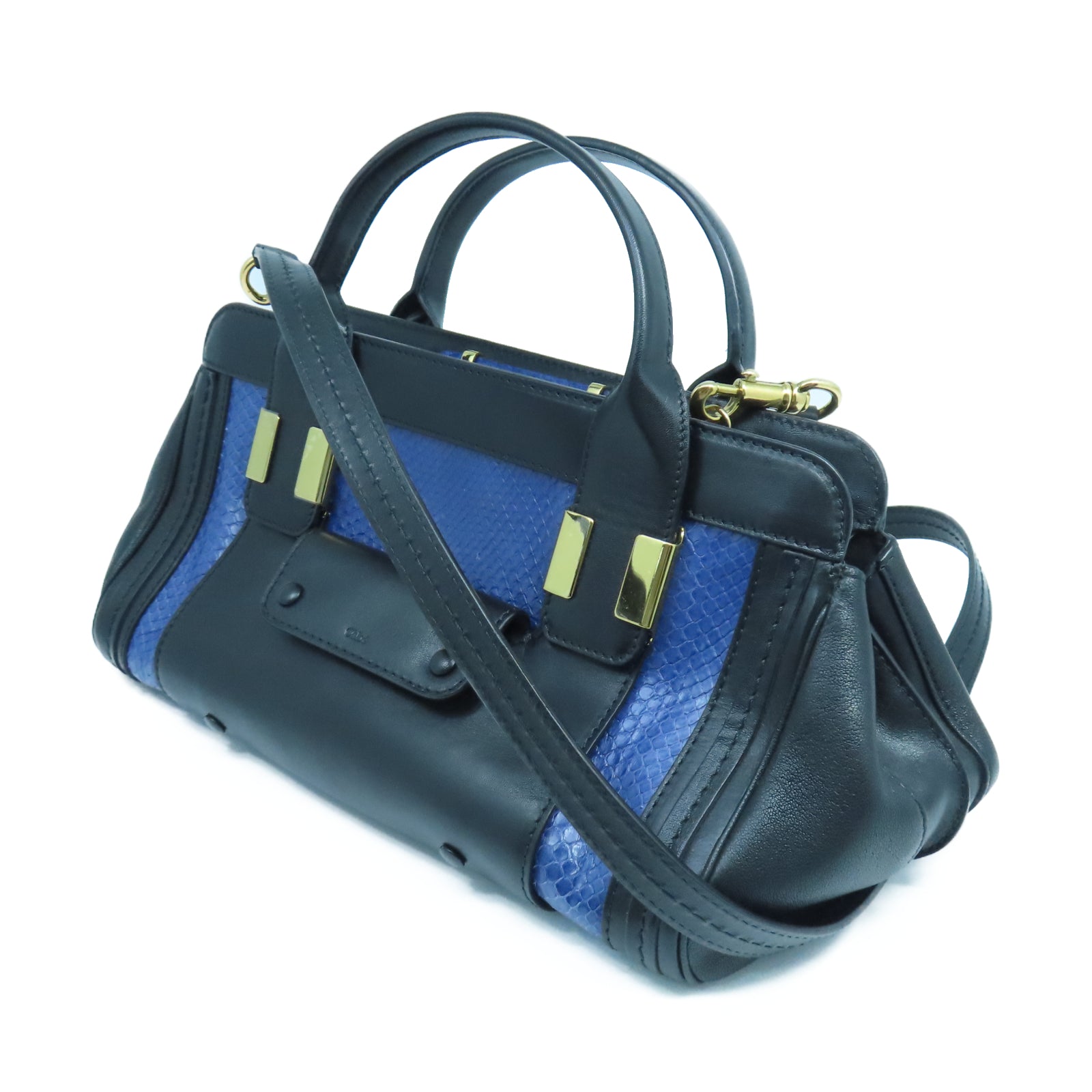 Chloe Cowhide/Snakeskin Leather 2 Way Shoulder Gold Buckle Handle Shoulder Bag Black/Blue