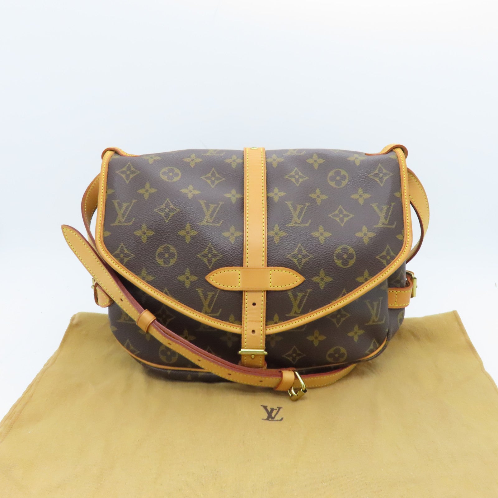LOUIS VUITTON Monogram Saumur Gold Buckle Shoulder Bag Brown