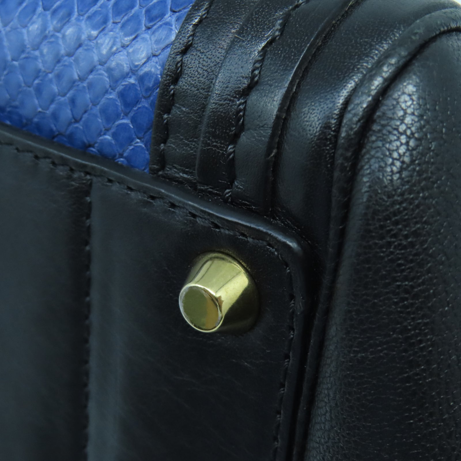 Chloe Cowhide/Snakeskin Leather 2 Way Shoulder Gold Buckle Handle Shoulder Bag Black/Blue