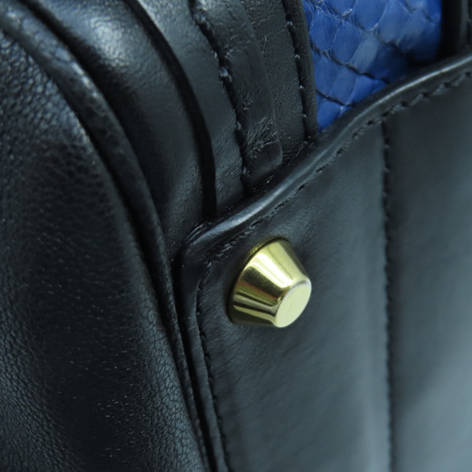 Chloe Cowhide/Snakeskin Leather 2 Way Shoulder Gold Buckle Handle Shoulder Bag Black/Blue