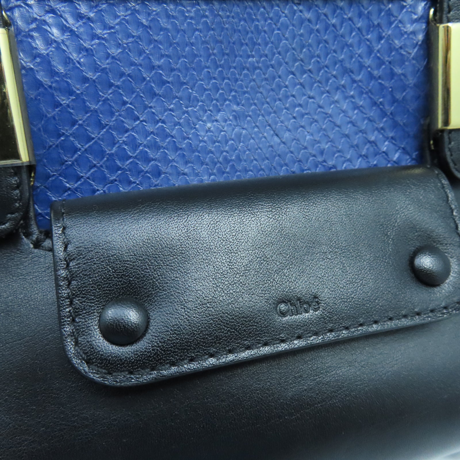 Chloe Cowhide/Snakeskin Leather 2 Way Shoulder Gold Buckle Handle Shoulder Bag Black/Blue