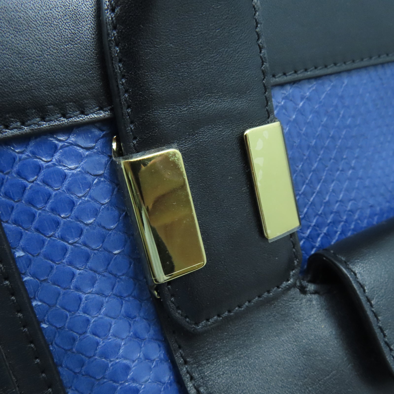 Chloe Cowhide/Snakeskin Leather 2 Way Shoulder Gold Buckle Handle Shoulder Bag Black/Blue