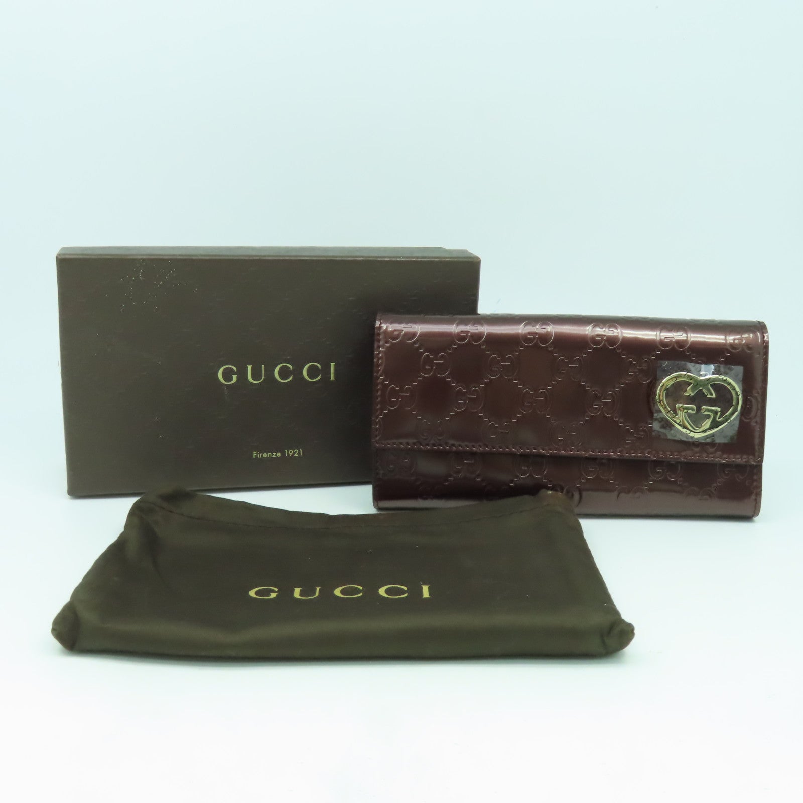 GUCCI 漆皮皮革Long Wallet金扣長錢包酒紅色