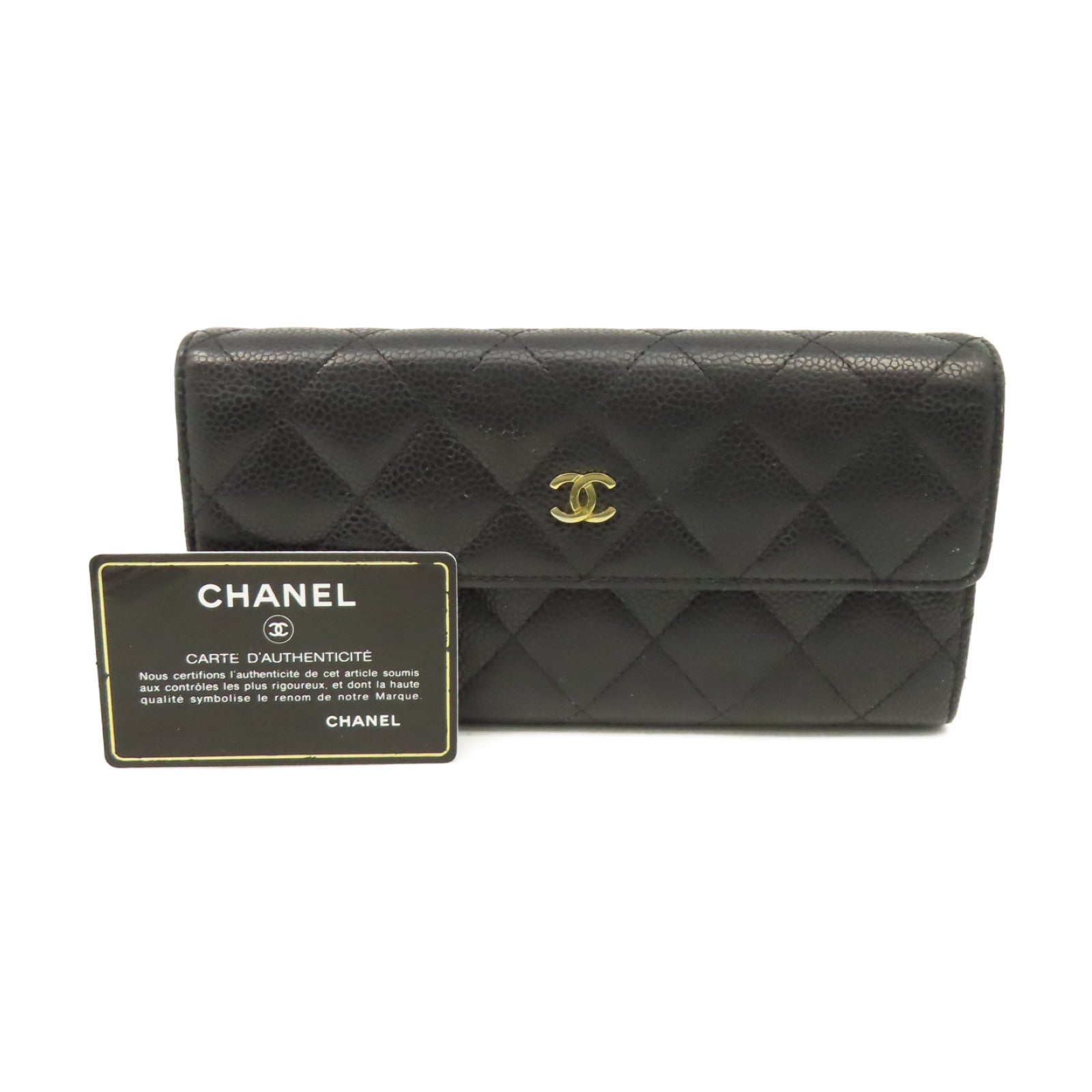 CHANEL 菱格Caviar皮革Long Wallet金扣長錢包黑色