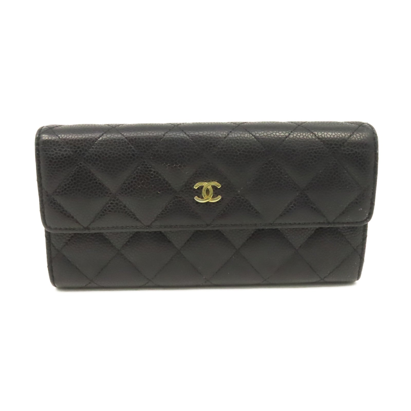 CHANEL 菱格Caviar皮革Long Wallet金扣長錢包黑色
