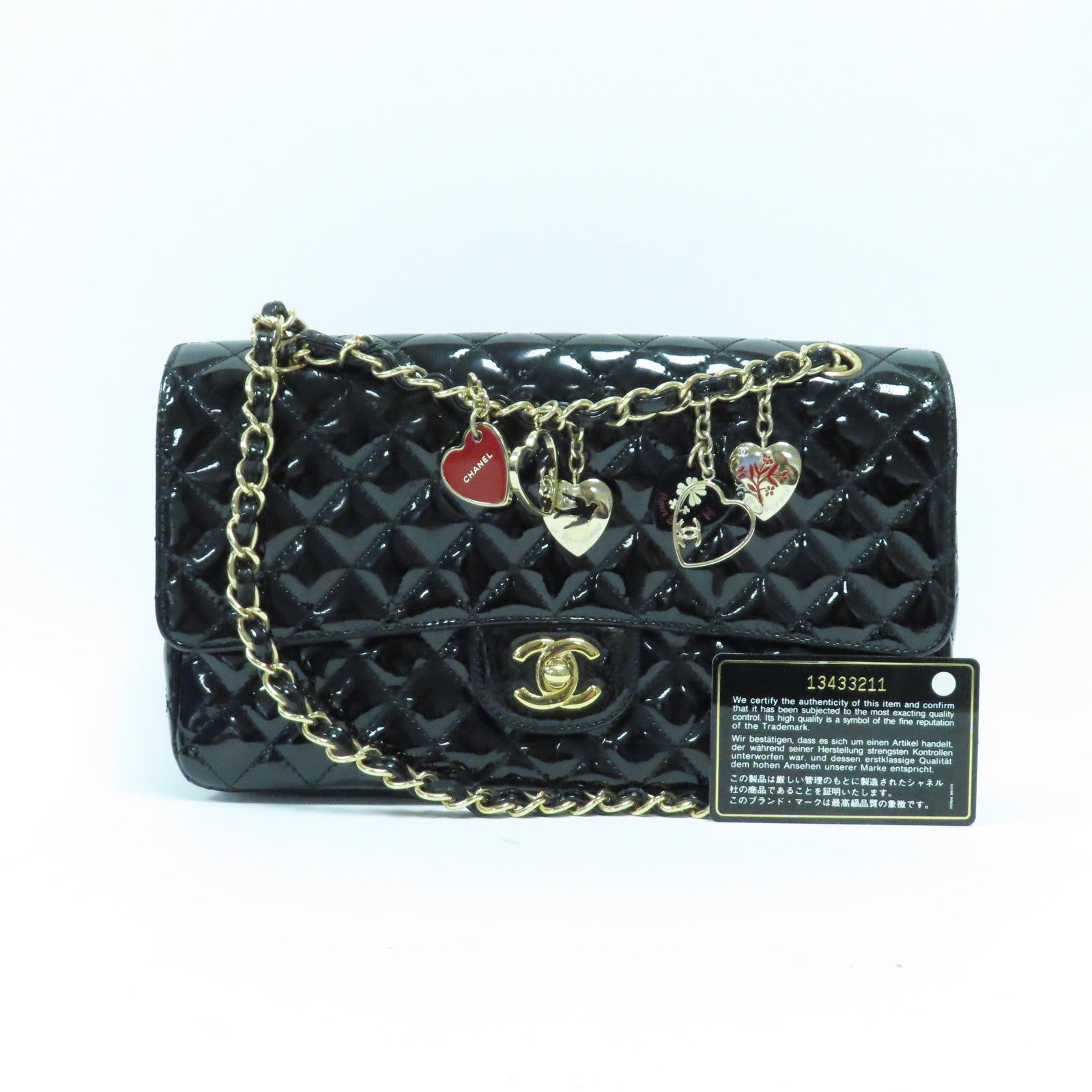 CHANEL 菱格漆皮皮革Valentine Chain Shoulder Bag金扣鏈帶肩背袋黑色