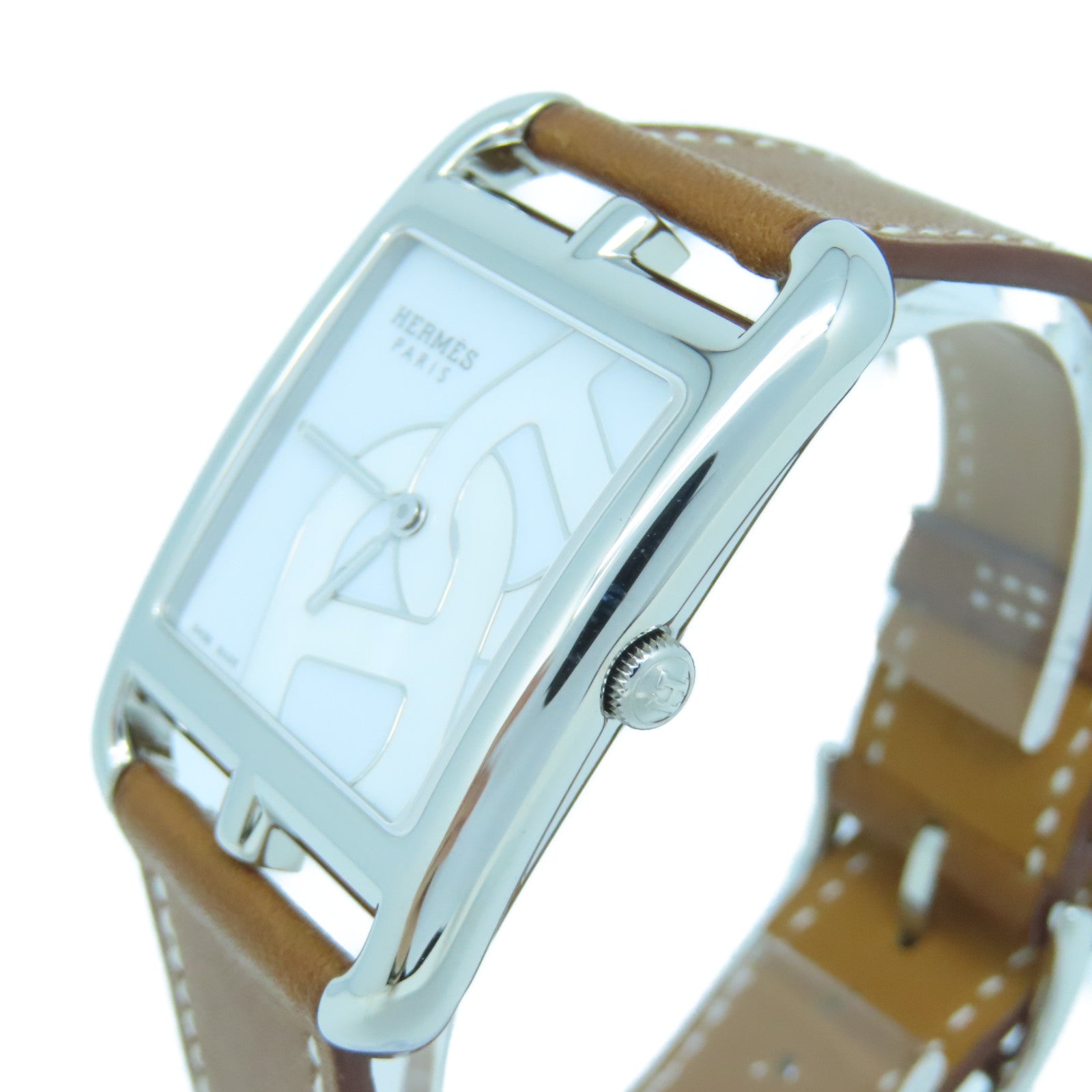 HERMES Cape Cod L AC-Laque不鏽鋼石英手錶啡色/銀色