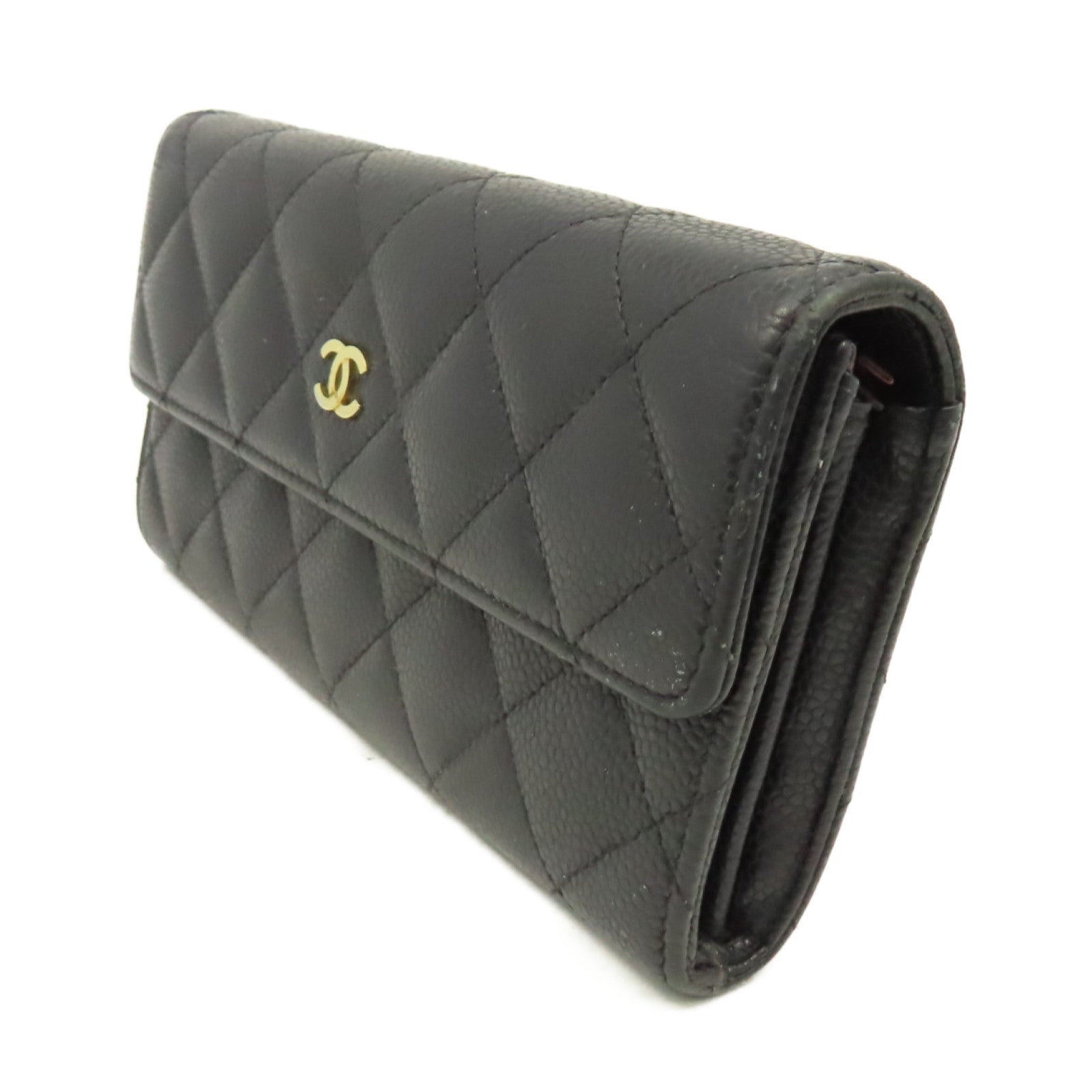 CHANEL 菱格Caviar皮革Long Wallet金扣長錢包黑色