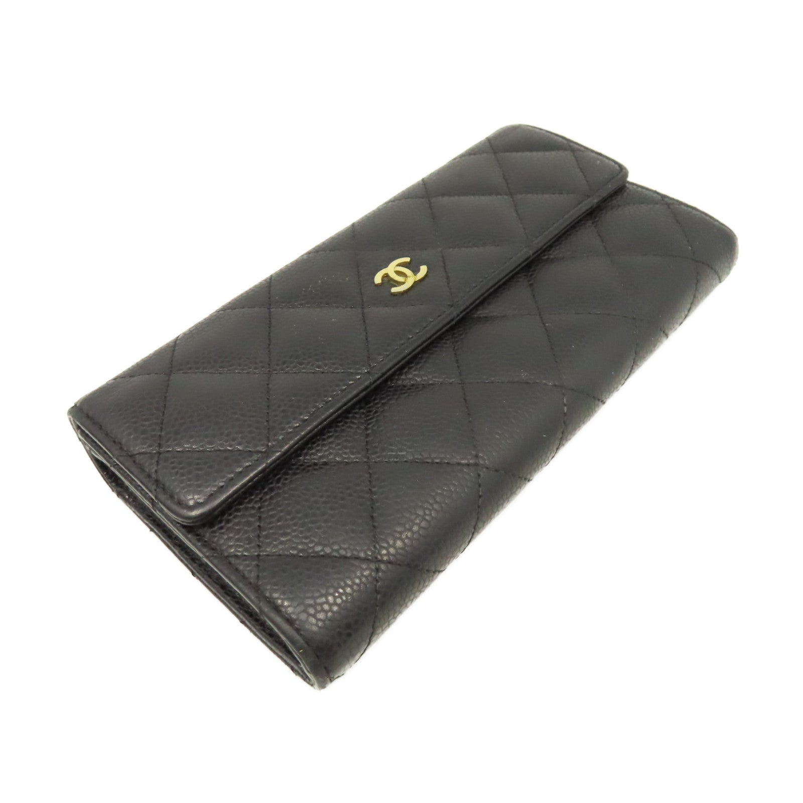 CHANEL 菱格Caviar皮革Long Wallet金扣長錢包黑色