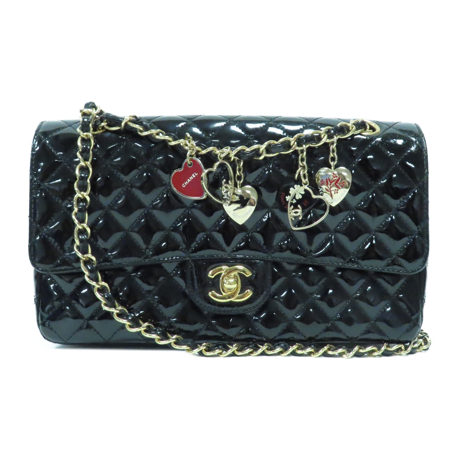 CHANEL 菱格漆皮皮革Valentine Chain Shoulder Bag金扣鏈帶肩背袋黑色