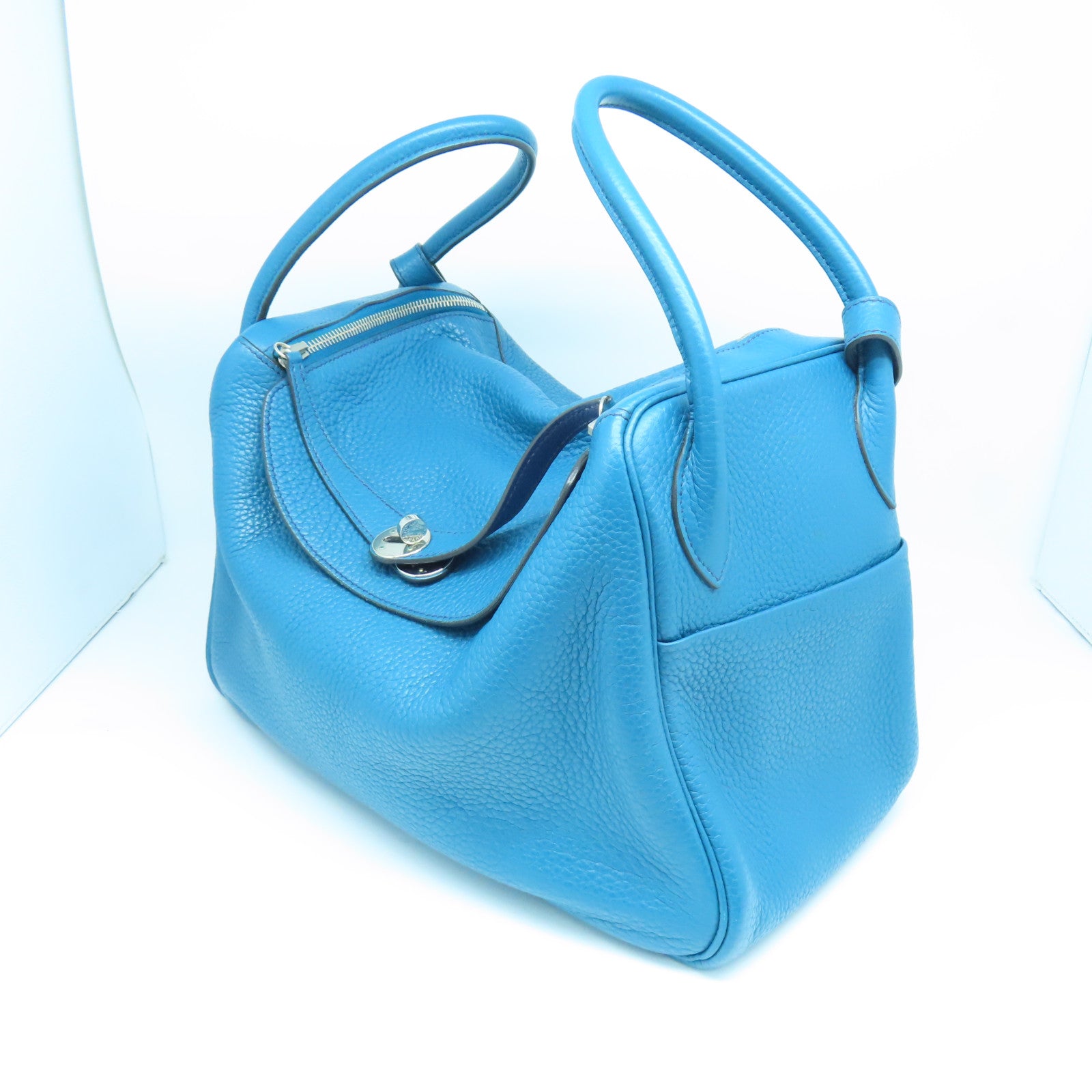 HERMES Taurillon Clemence Leather Lindy 34 Silver Buckle Handle Shoulder Bag Sapphire Blue/Izmir Blue