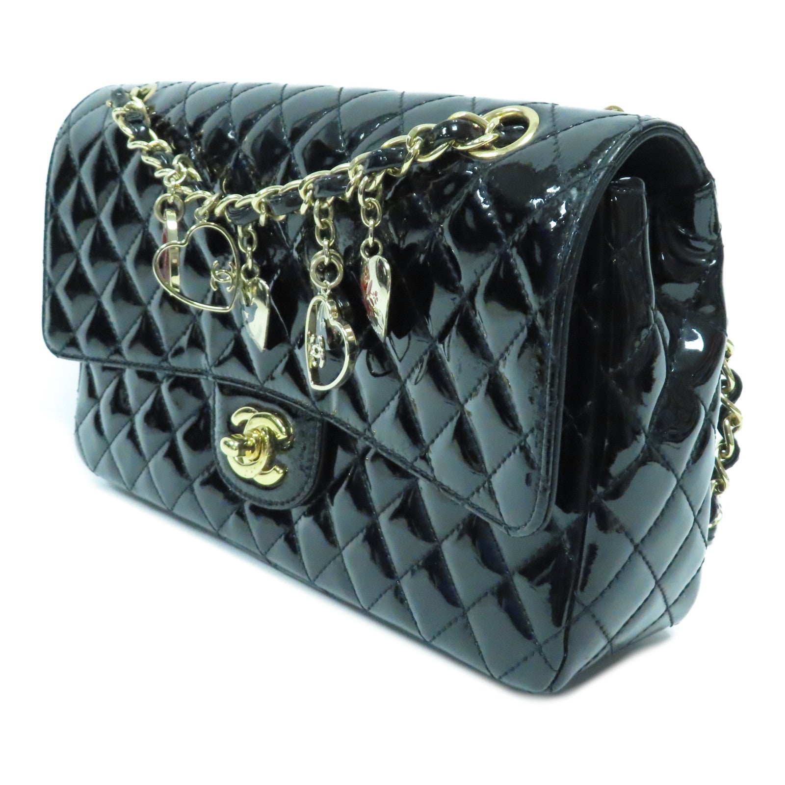 CHANEL 菱格漆皮皮革Valentine Chain Shoulder Bag金扣鏈帶肩背袋黑色
