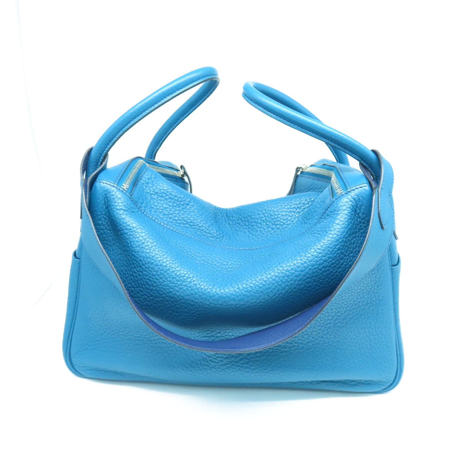 HERMES Taurillon Clemence Leather Lindy 34 Silver Buckle Handle Shoulder Bag Sapphire Blue/Izmir Blue