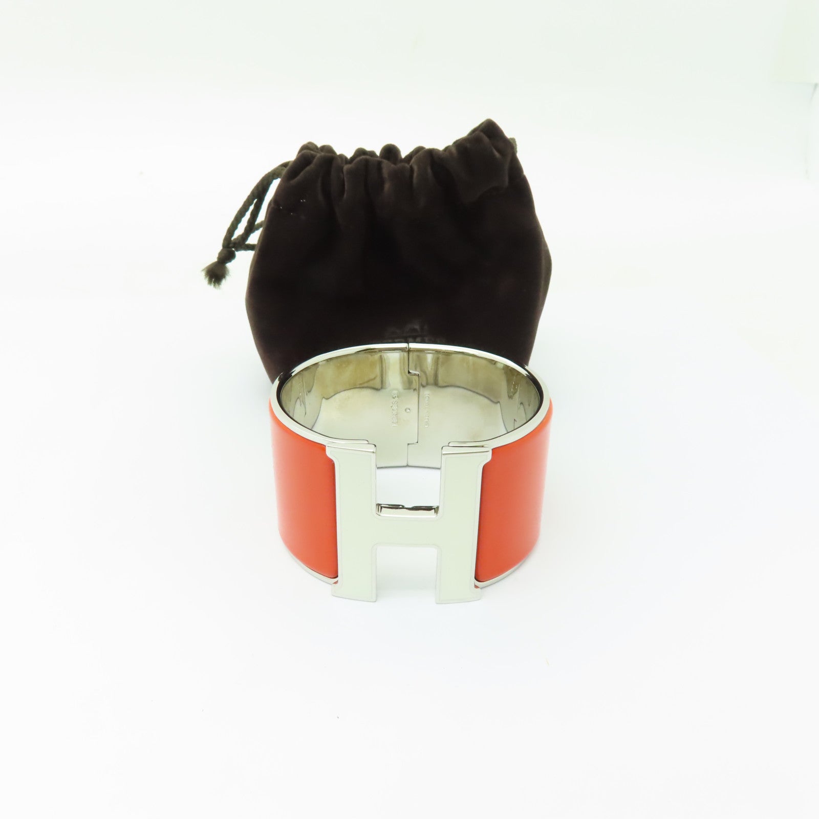 HERMES 金屬/陶瓷Clic-Clac H Extra Large Bracelet銀扣手鐲螢光橘/白色