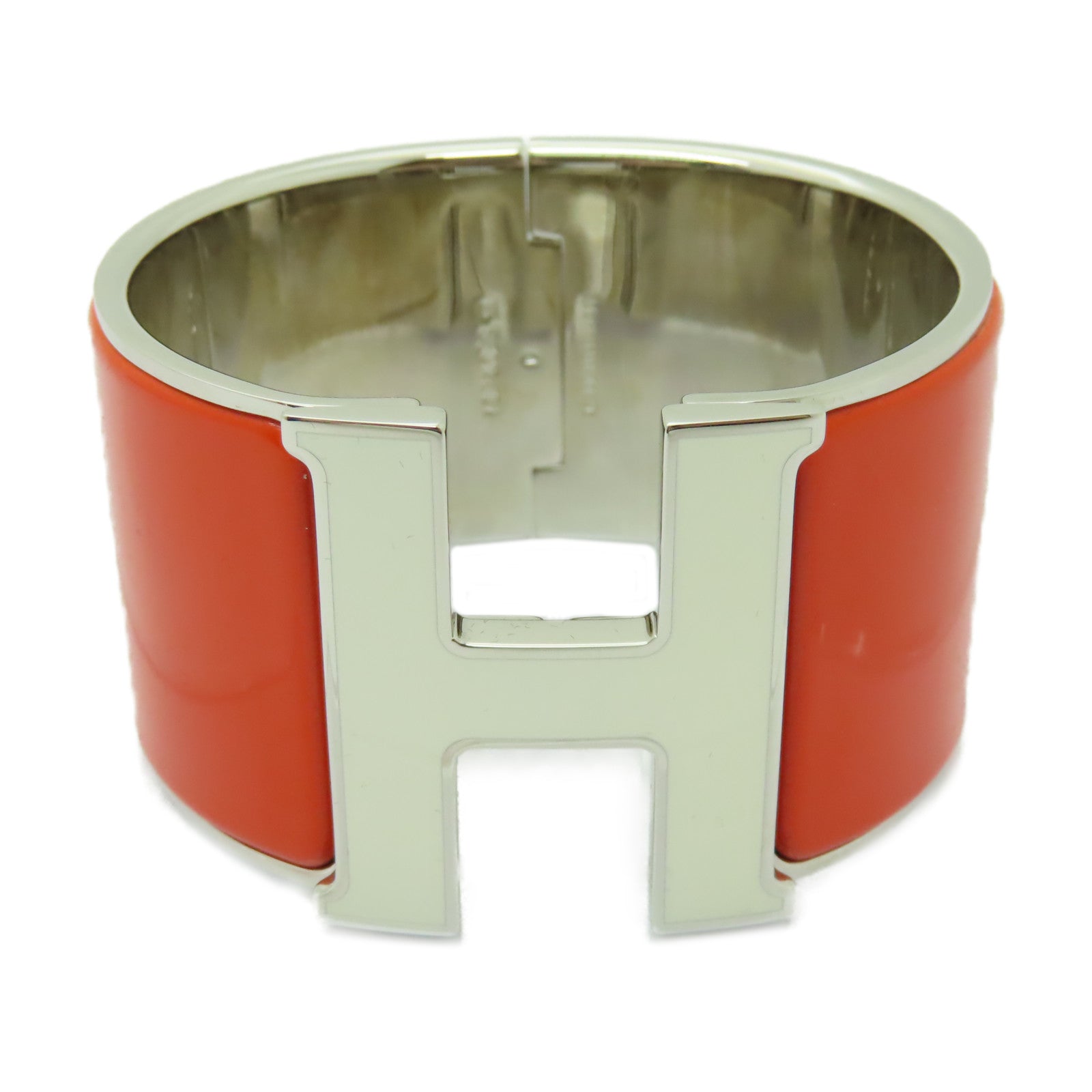 HERMES 金屬/陶瓷Clic-Clac H Extra Large Bracelet銀扣手鐲螢光橘/白色