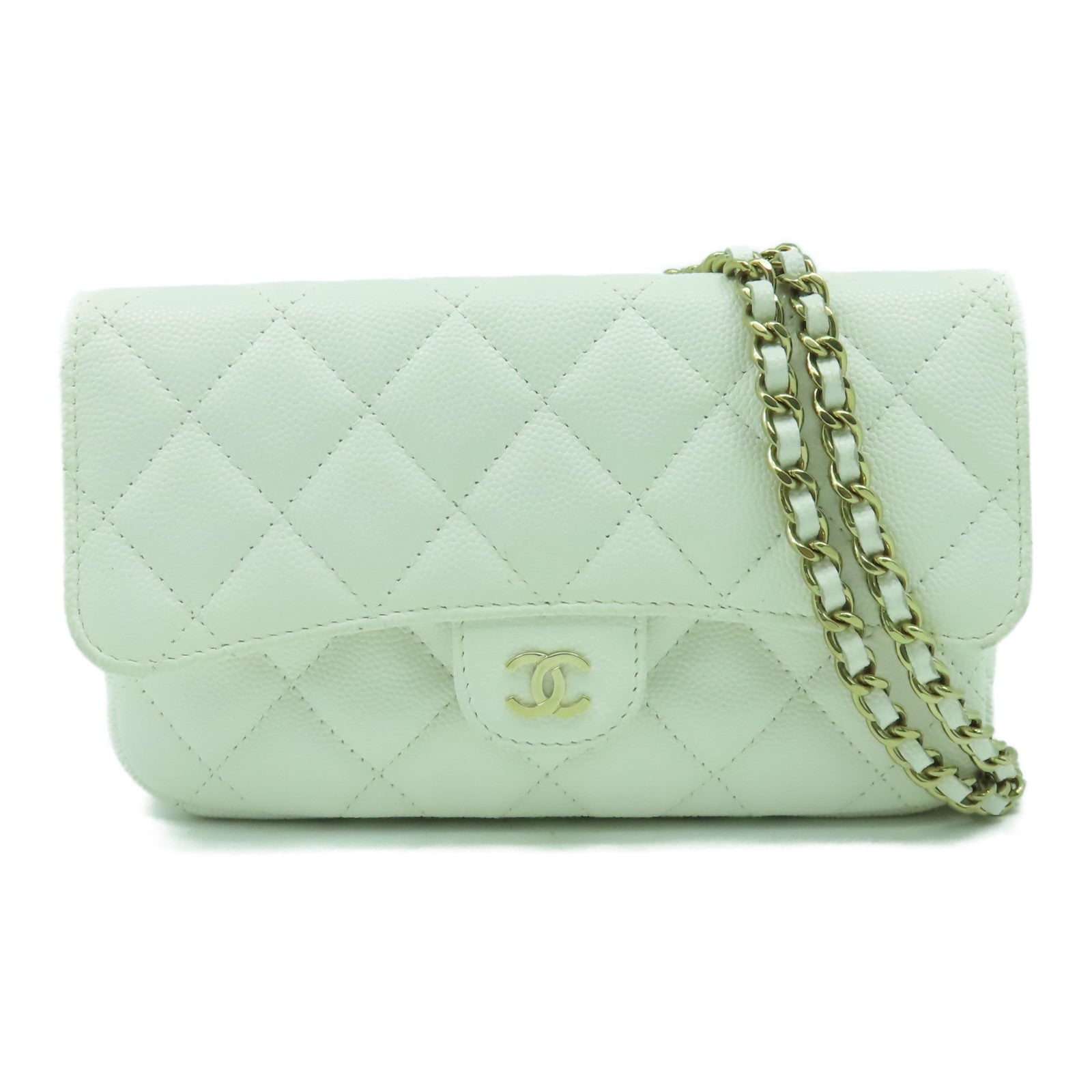 CHANEL 菱格Caviar皮革Phone Holder With Chain金扣鏈帶肩背袋白色