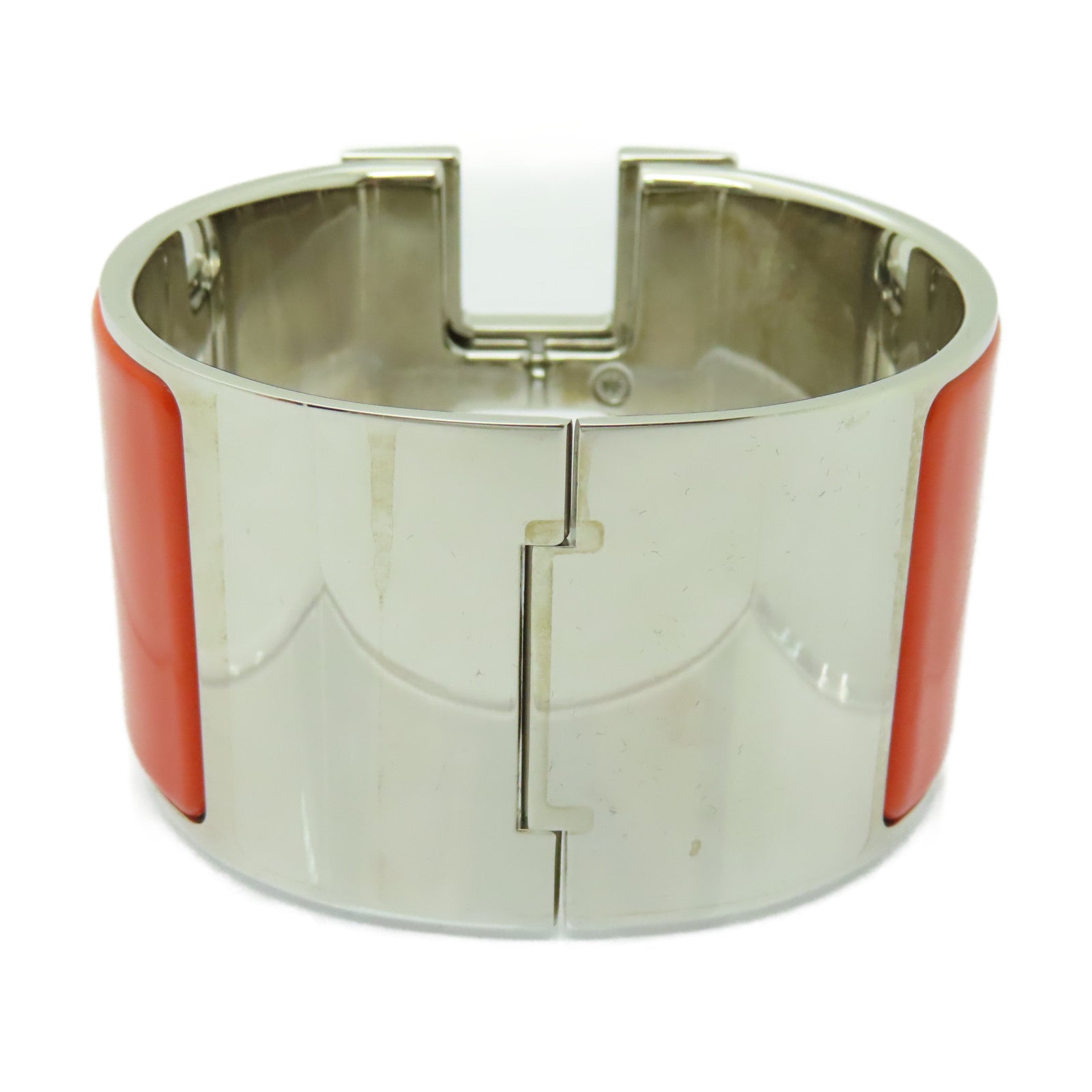 HERMES 金屬/陶瓷Clic-Clac H Extra Large Bracelet銀扣手鐲螢光橘/白色