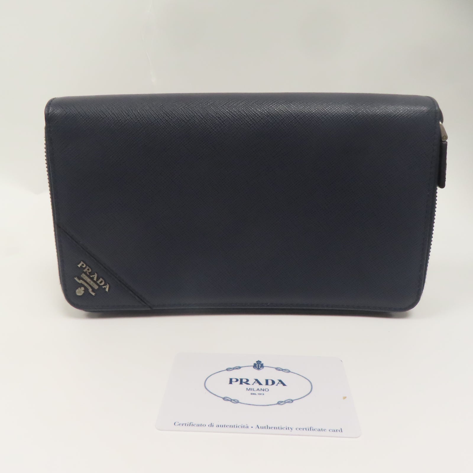 PRADA Saffiano皮革Zipper Long Wallet銀扣錢包藍色