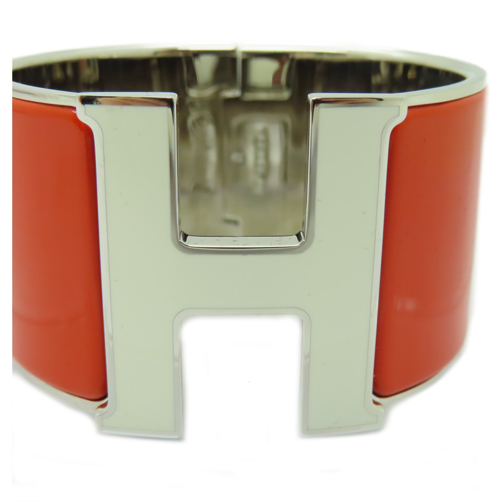HERMES 金屬/陶瓷Clic-Clac H Extra Large Bracelet銀扣手鐲螢光橘/白色