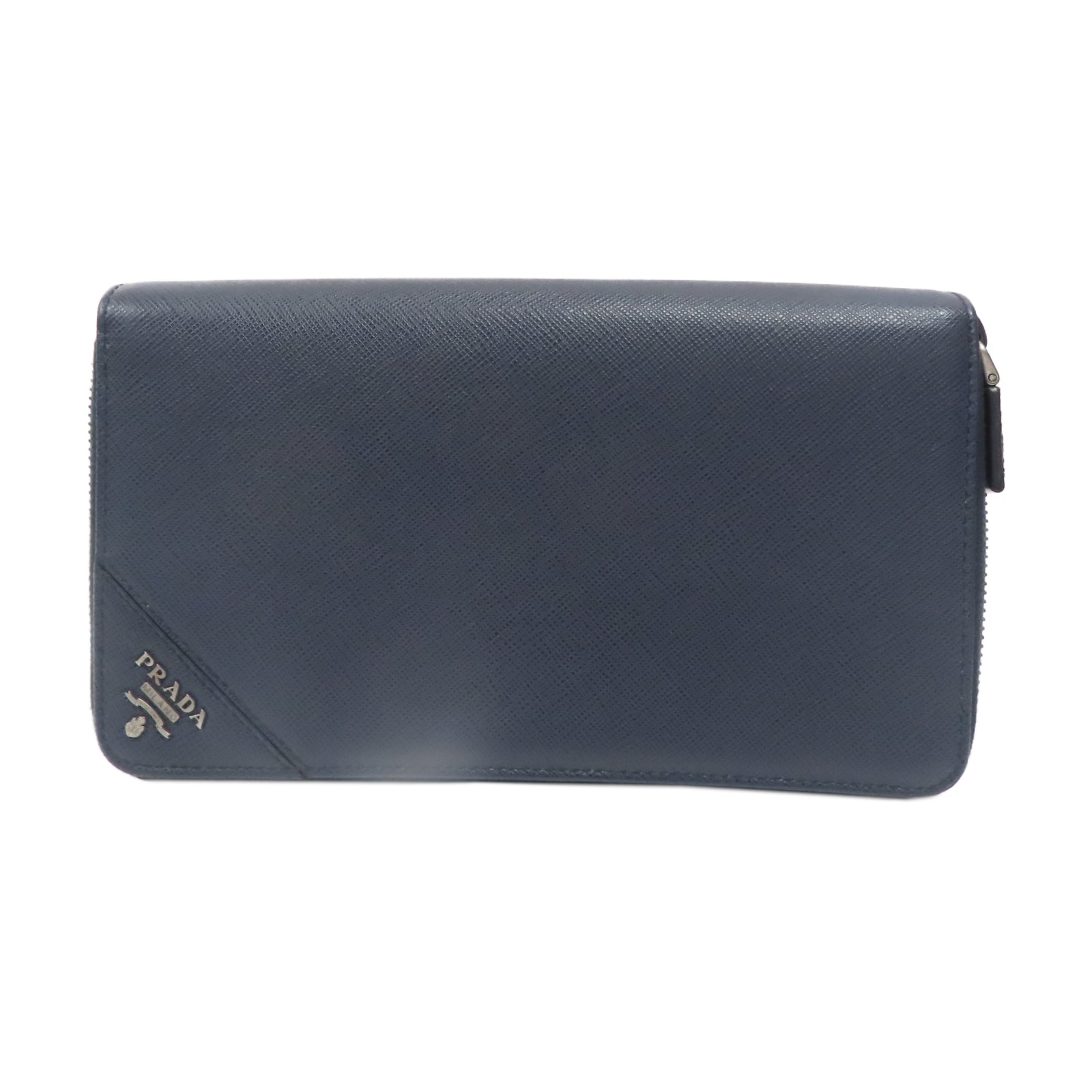 PRADA Saffiano皮革Zipper Long Wallet銀扣錢包藍色