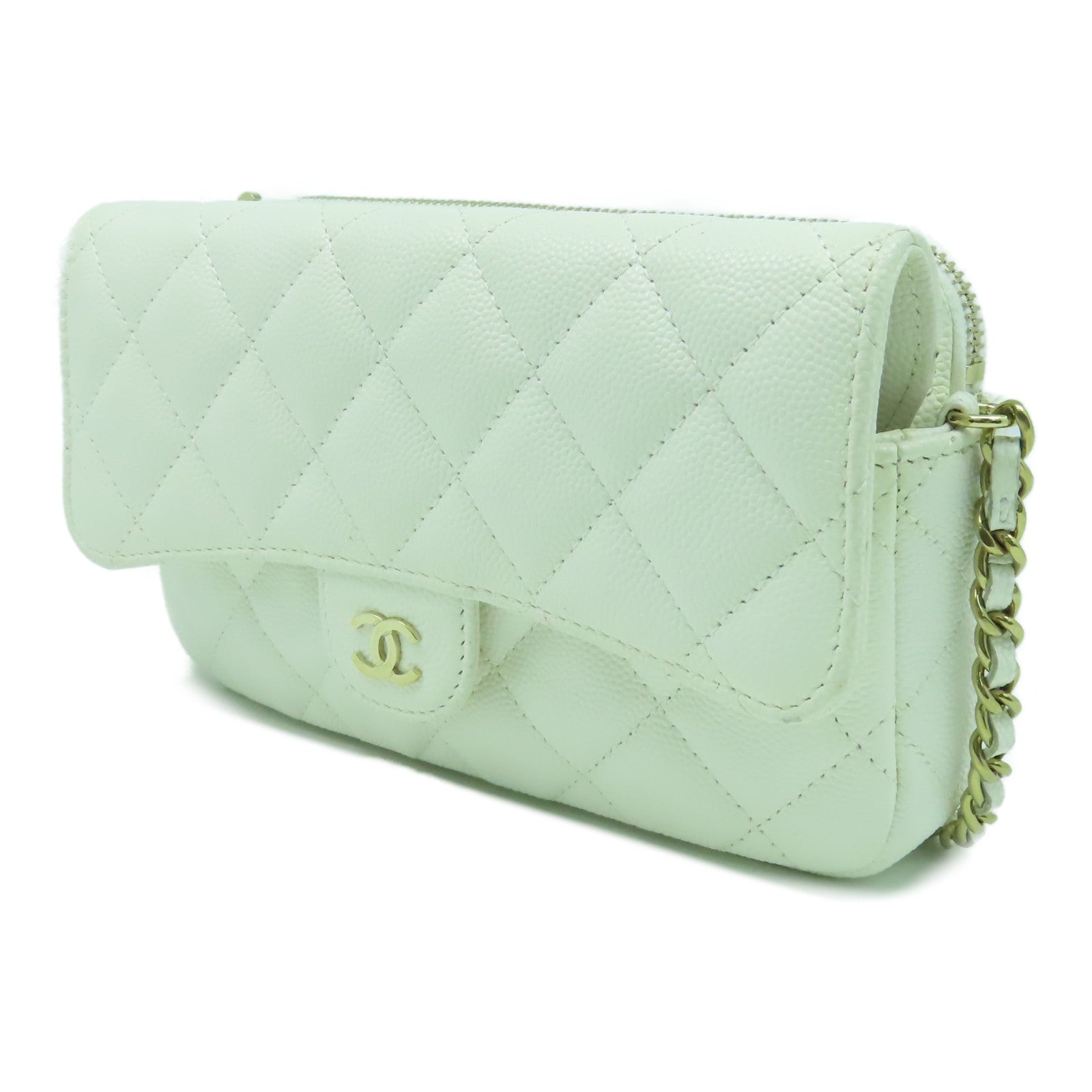 CHANEL 菱格Caviar皮革Phone Holder With Chain金扣鏈帶肩背袋白色