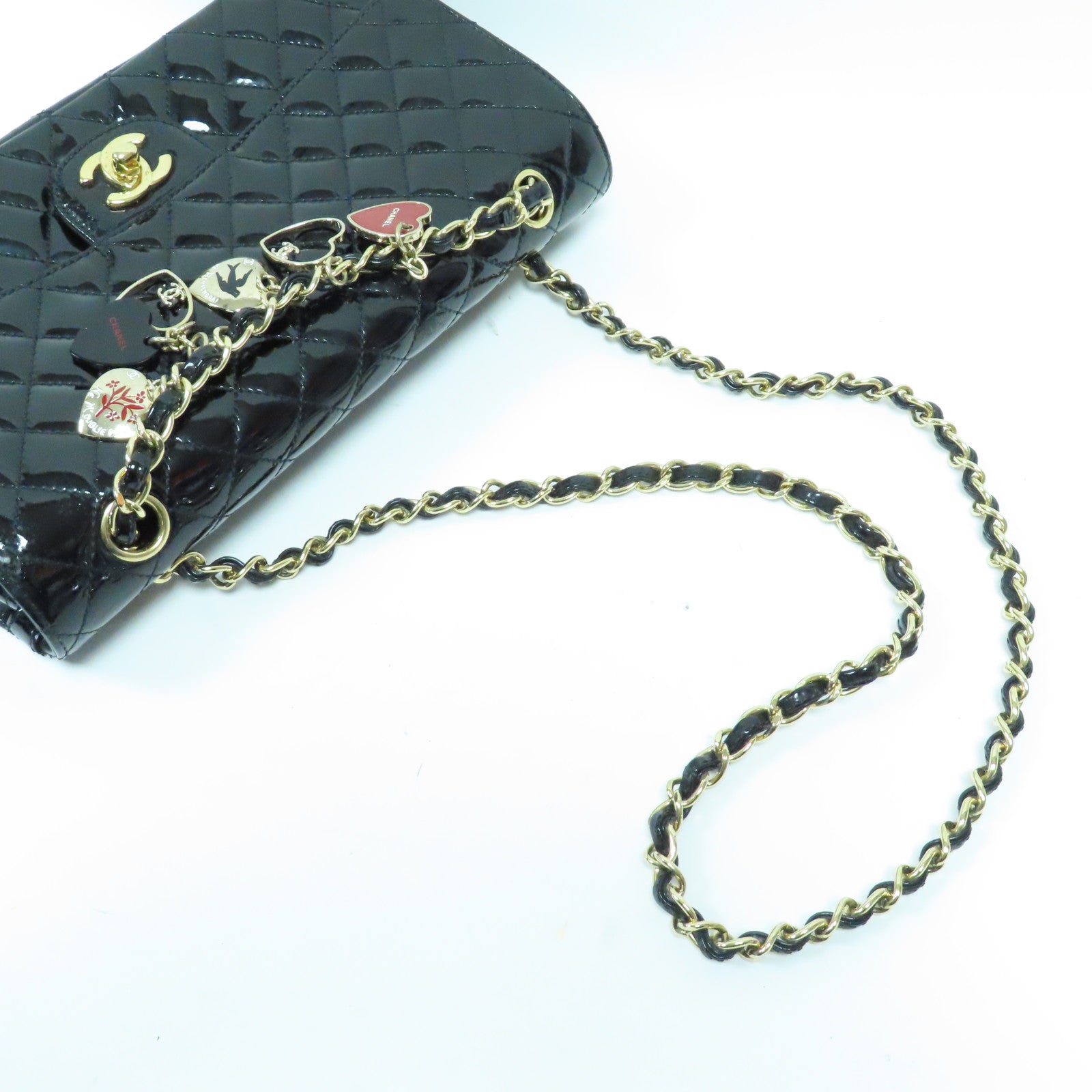 CHANEL 菱格漆皮皮革Valentine Chain Shoulder Bag金扣鏈帶肩背袋黑色