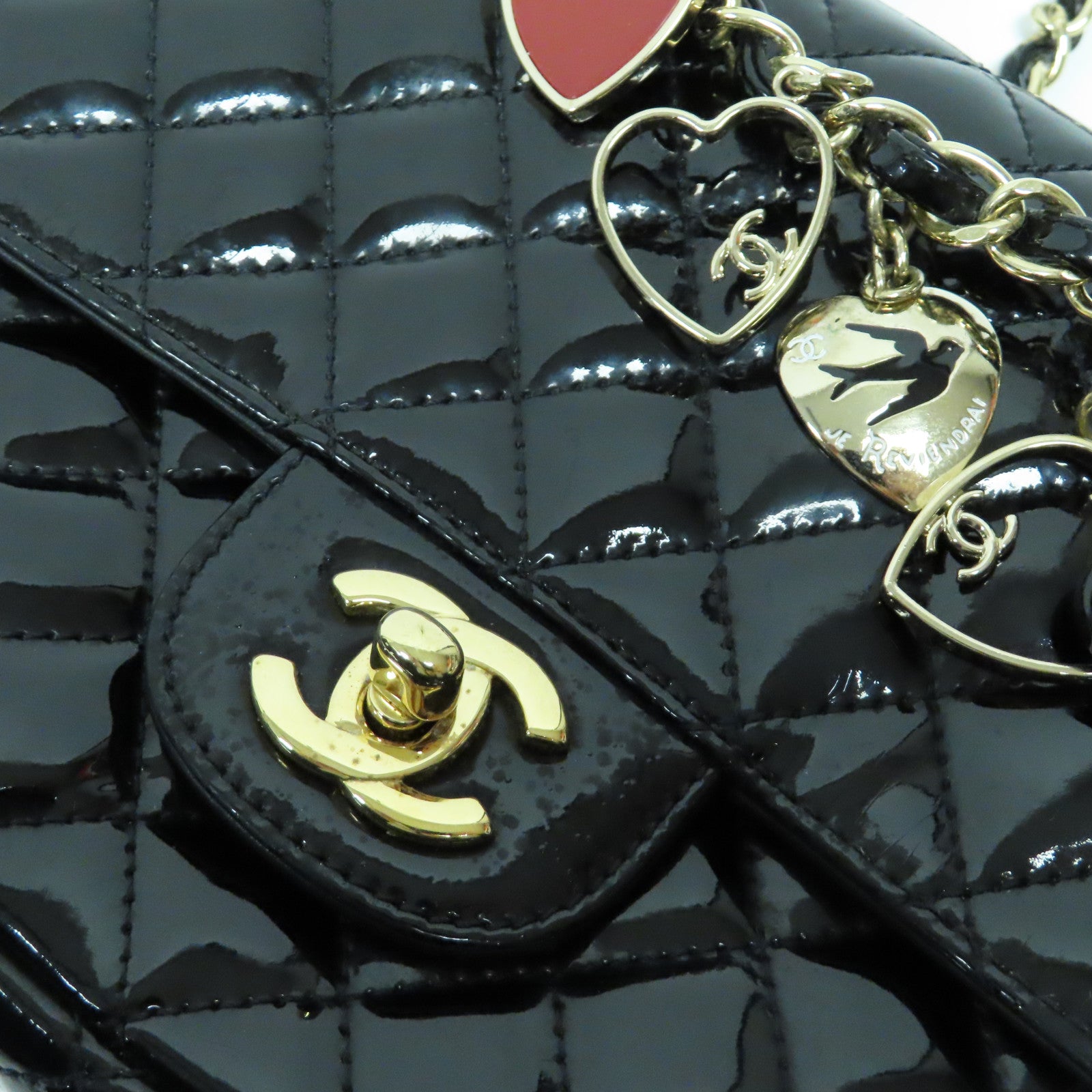CHANEL 菱格漆皮皮革Valentine Chain Shoulder Bag金扣鏈帶肩背袋黑色