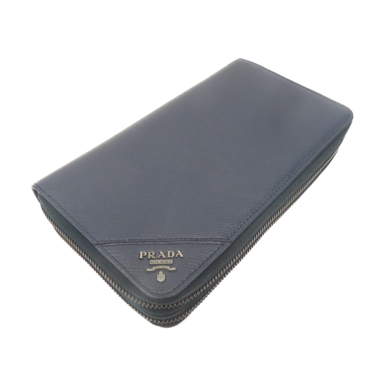 PRADA Saffiano皮革Zipper Long Wallet銀扣錢包藍色