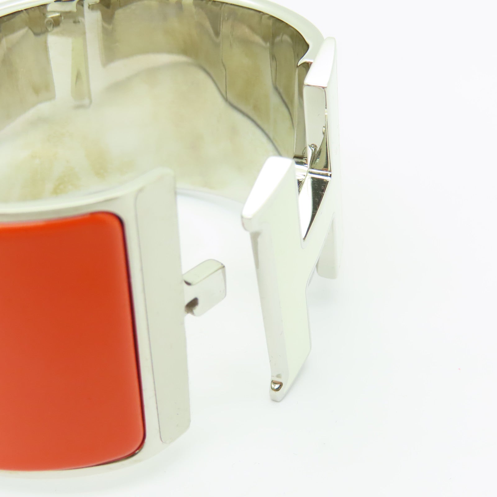 HERMES 金屬/陶瓷Clic-Clac H Extra Large Bracelet銀扣手鐲螢光橘/白色
