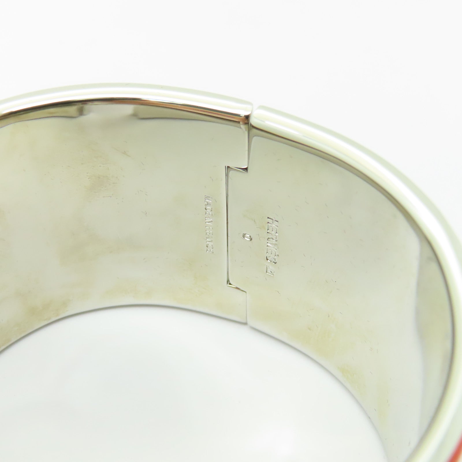 HERMES 金屬/陶瓷Clic-Clac H Extra Large Bracelet銀扣手鐲螢光橘/白色