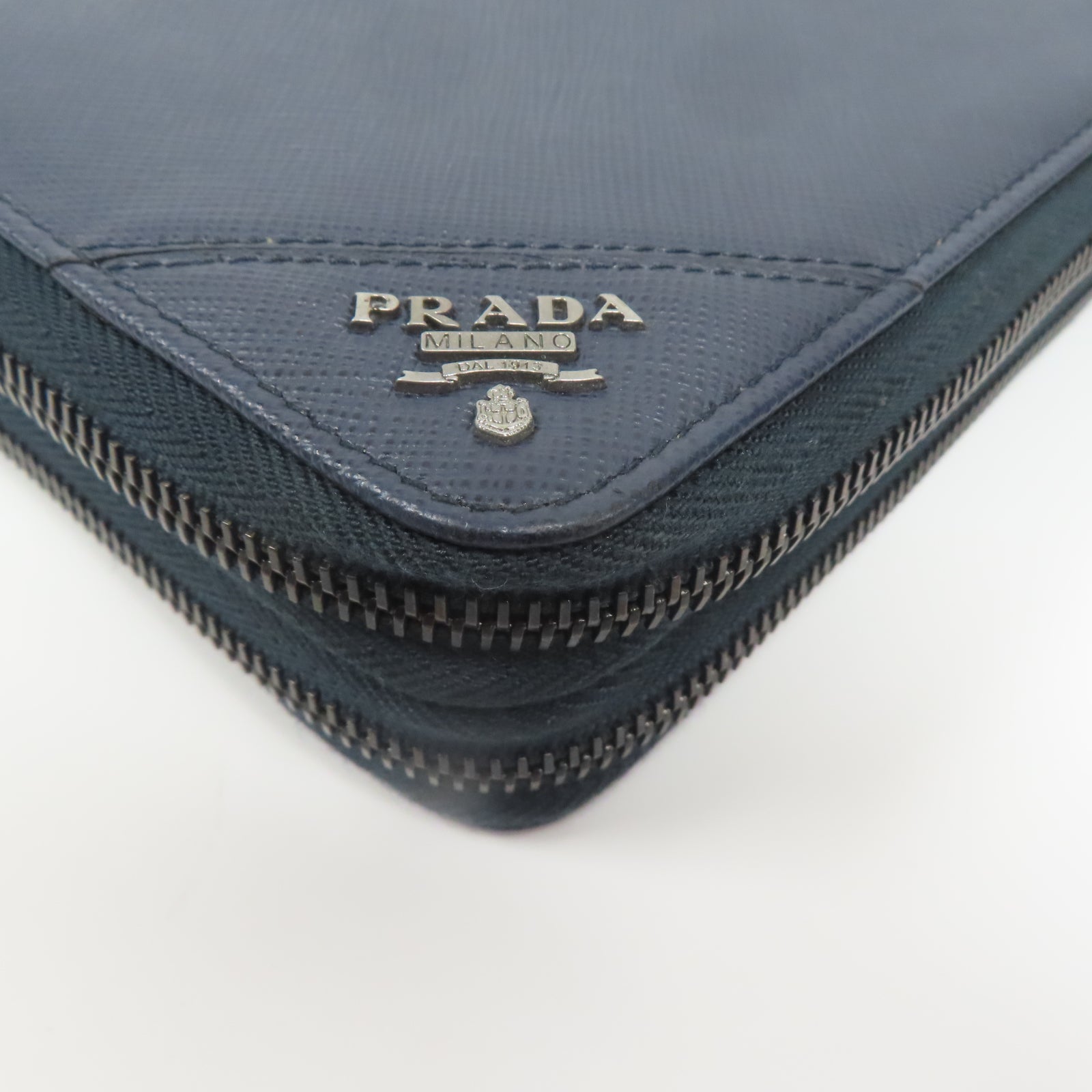 PRADA Saffiano皮革Zipper Long Wallet銀扣錢包藍色