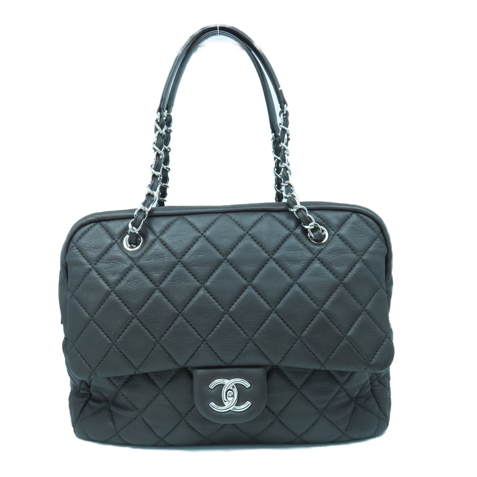 CHANEL 菱格牛皮皮革Chain Shoulder銀扣鏈帶肩背袋啡色