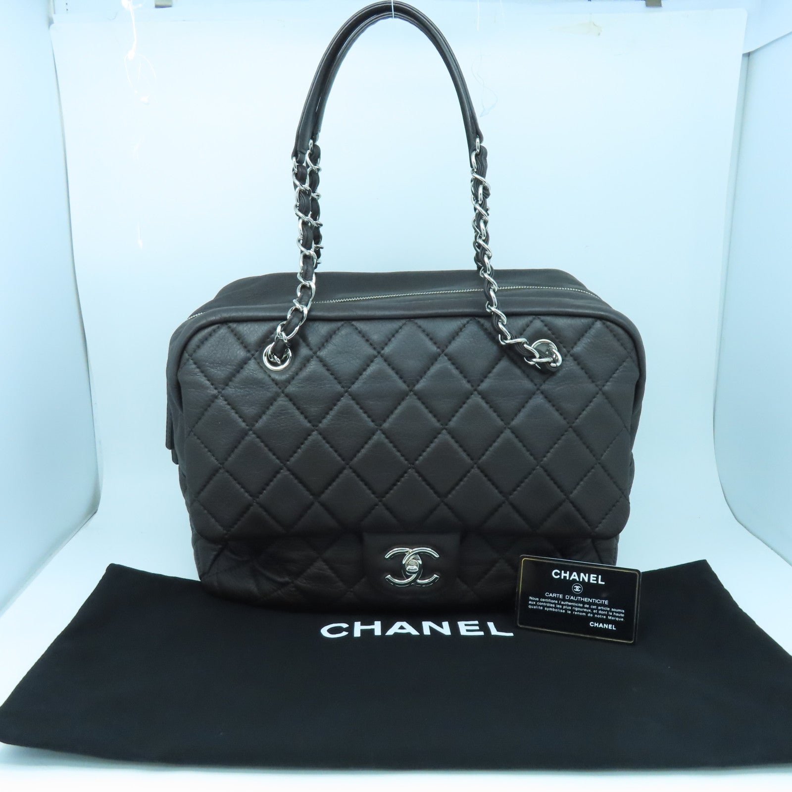 CHANEL 菱格牛皮皮革Chain Shoulder銀扣鏈帶肩背袋啡色