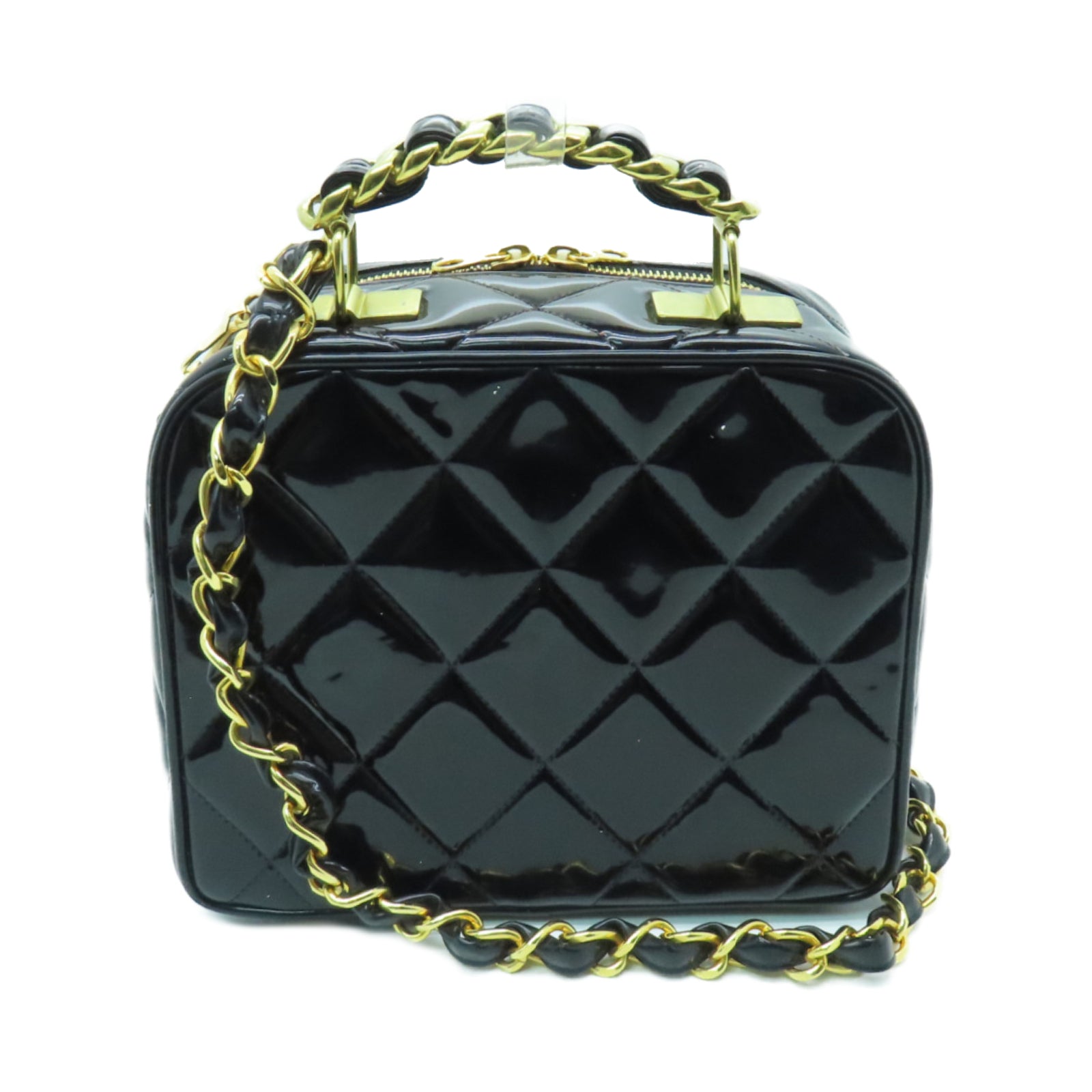 CHANEL 菱格漆皮皮革Chain Shoulder金扣链带肩背袋黑色