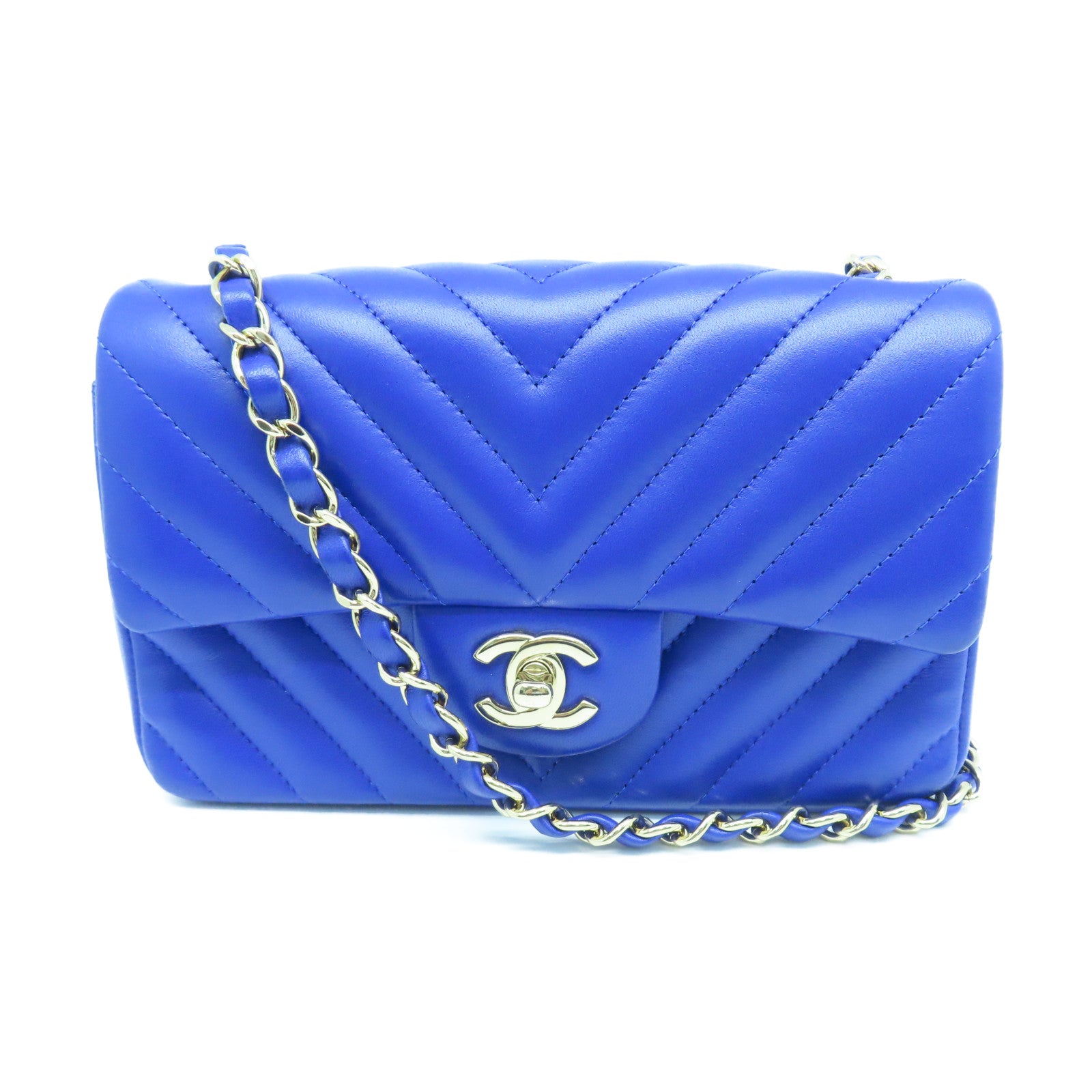 CHANEL Diamond Sheepskin Leather Classic 20cm Gold Buckle Chain Shoulder Bag Blue