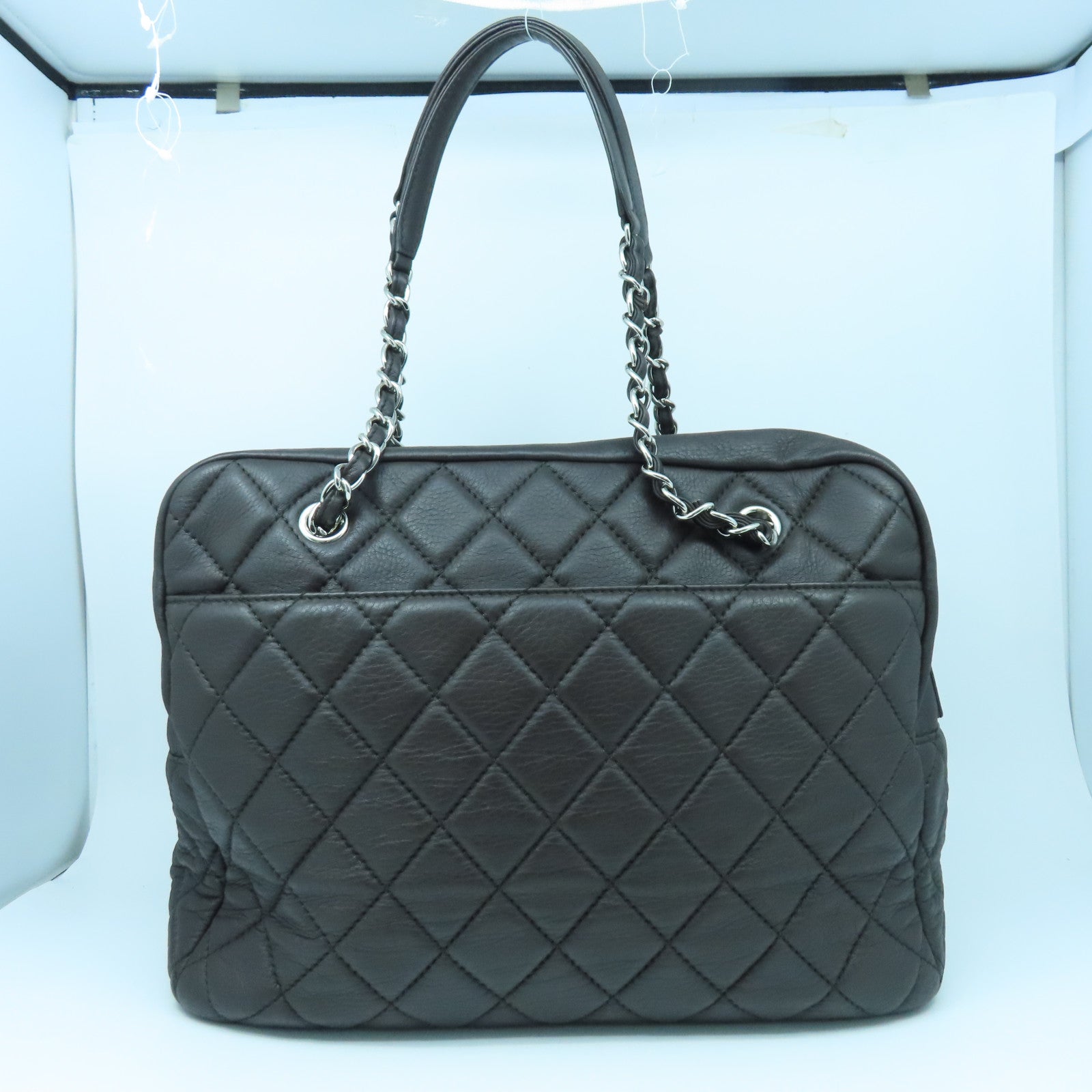 CHANEL 菱格牛皮皮革Chain Shoulder銀扣鏈帶肩背袋啡色
