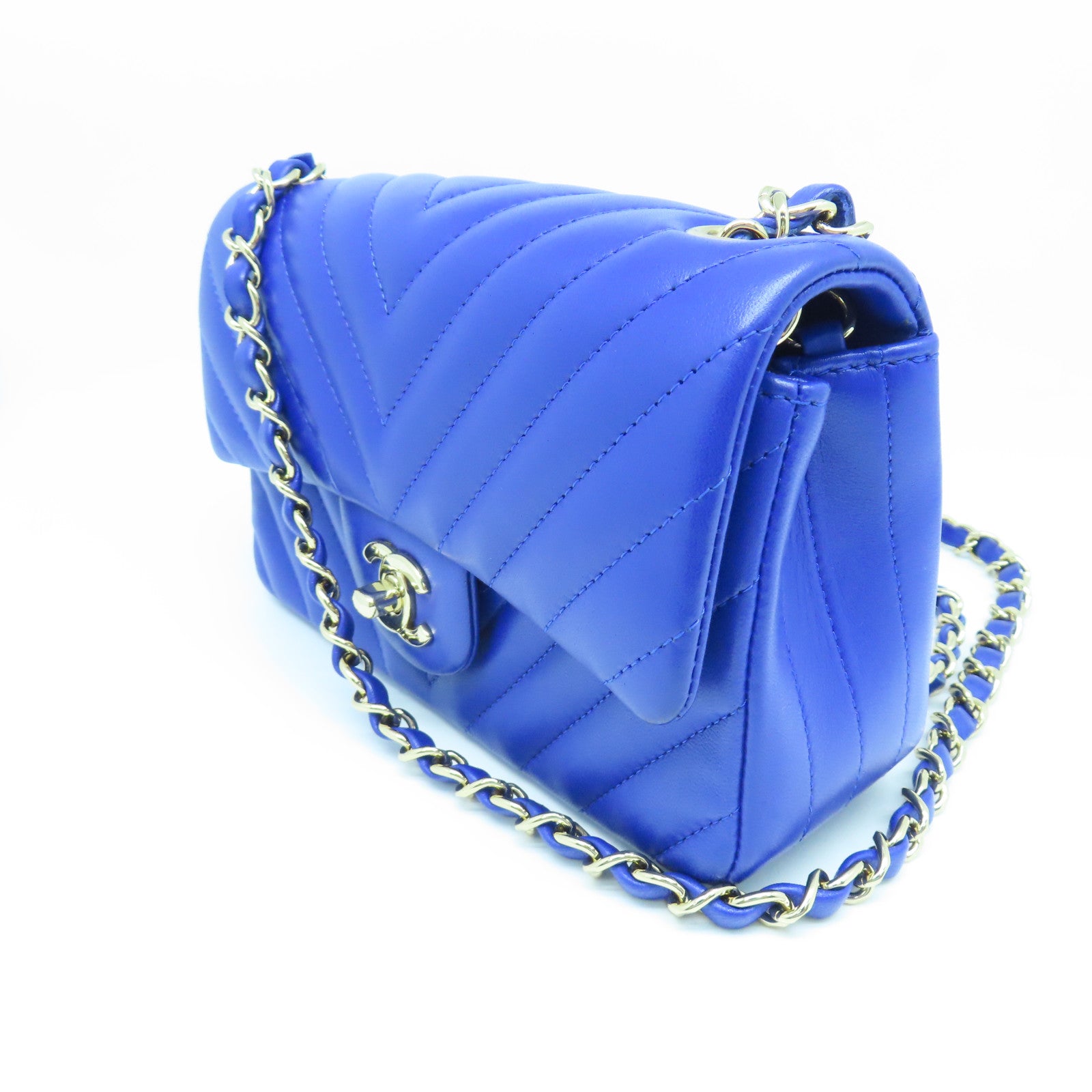 CHANEL Diamond Sheepskin Leather Classic 20cm Gold Buckle Chain Shoulder Bag Blue