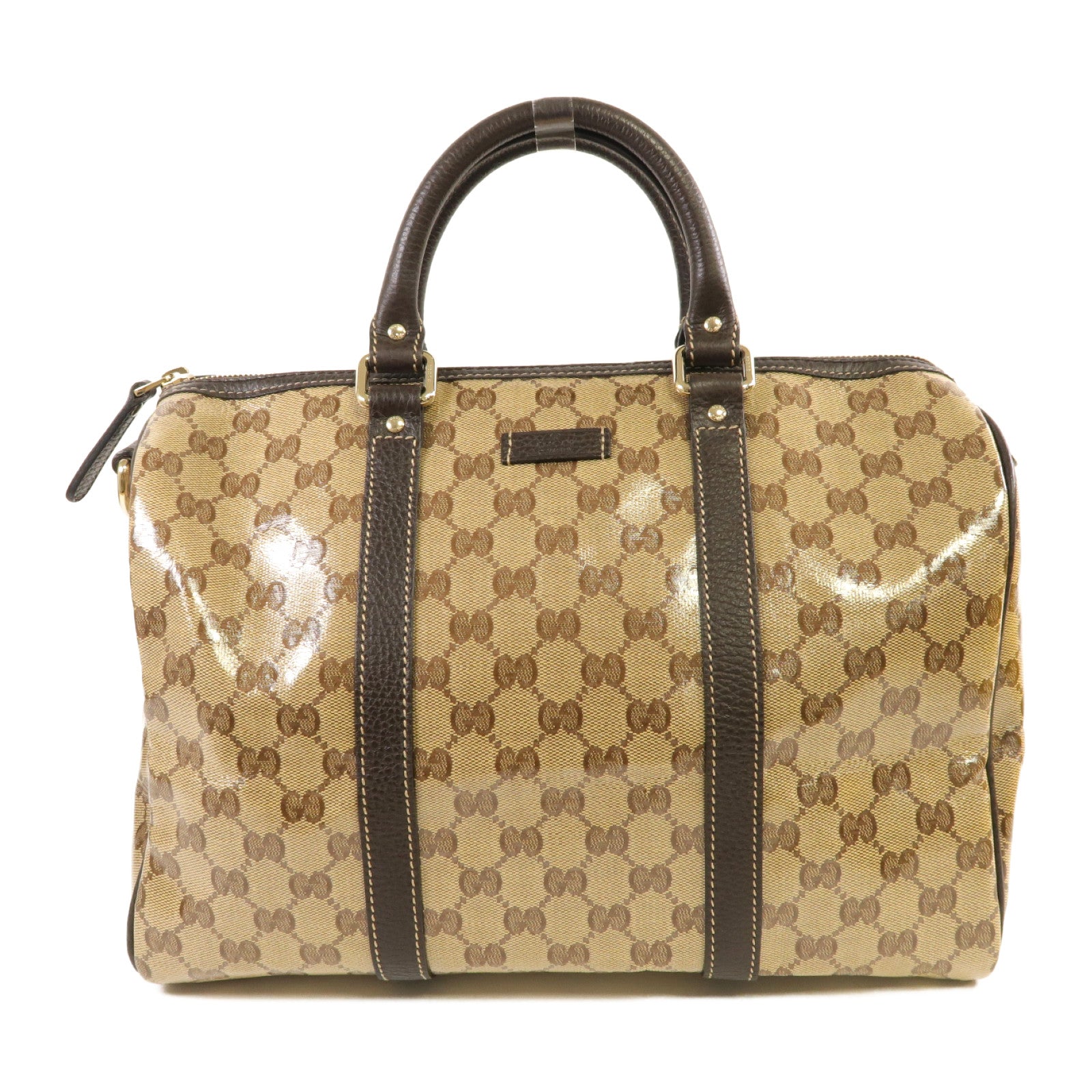 GUCCI 塗層帆布GG Crystal Joy Boston Bag金扣手挽袋啡色