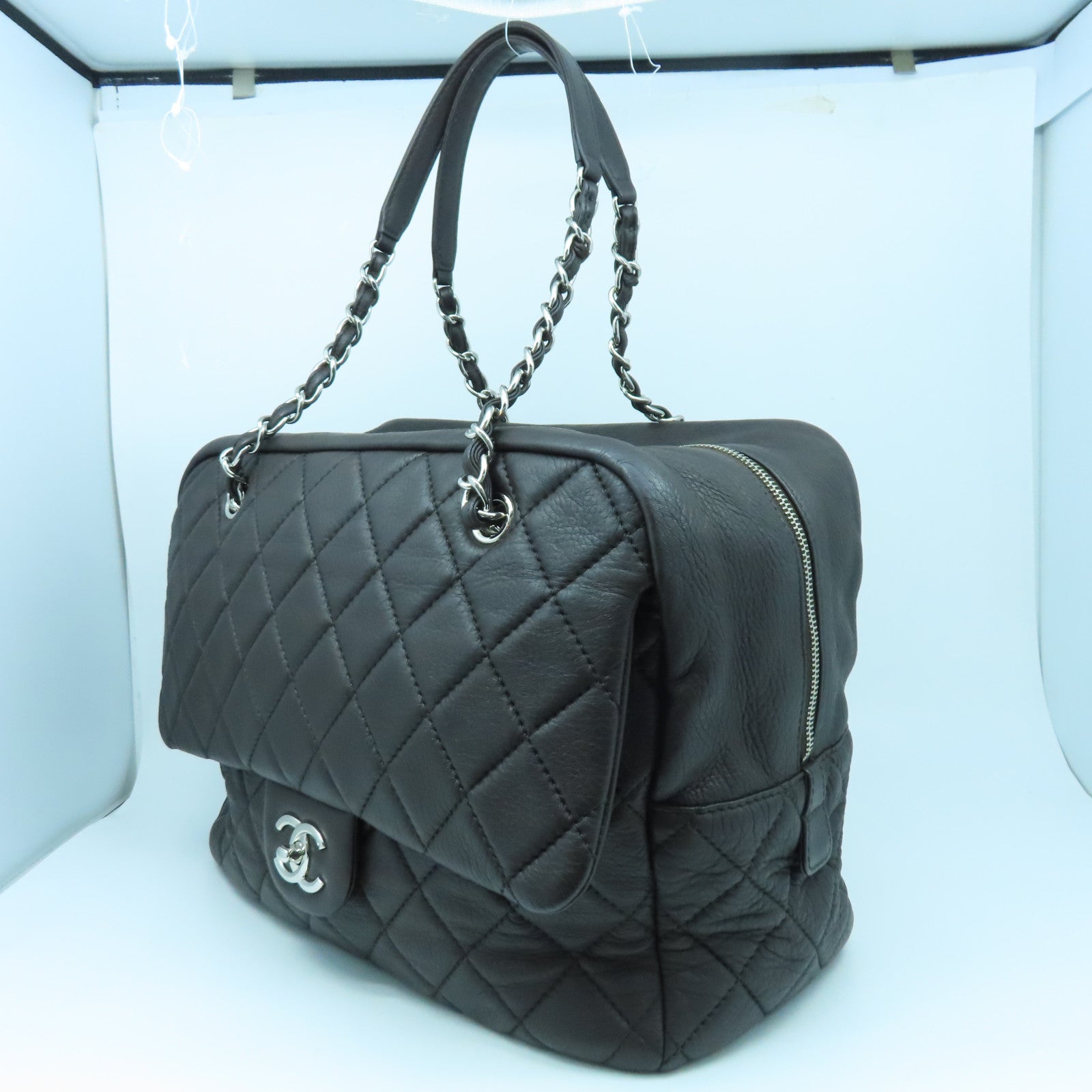 CHANEL 菱格牛皮皮革Chain Shoulder銀扣鏈帶肩背袋啡色