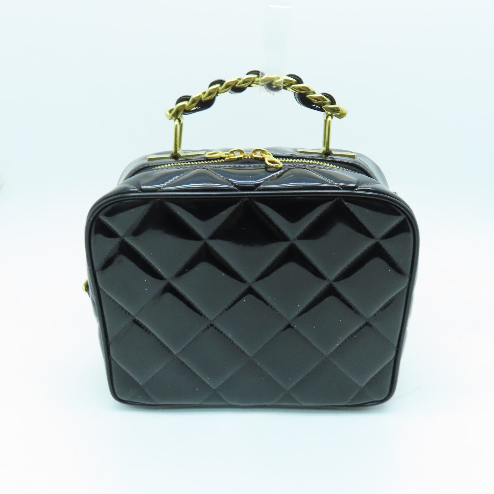 CHANEL 菱格漆皮皮革Chain Shoulder金扣链带肩背袋黑色