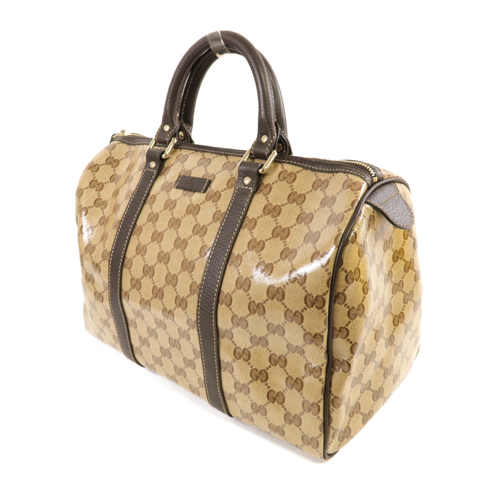 GUCCI 塗層帆布GG Crystal Joy Boston Bag金扣手挽袋啡色