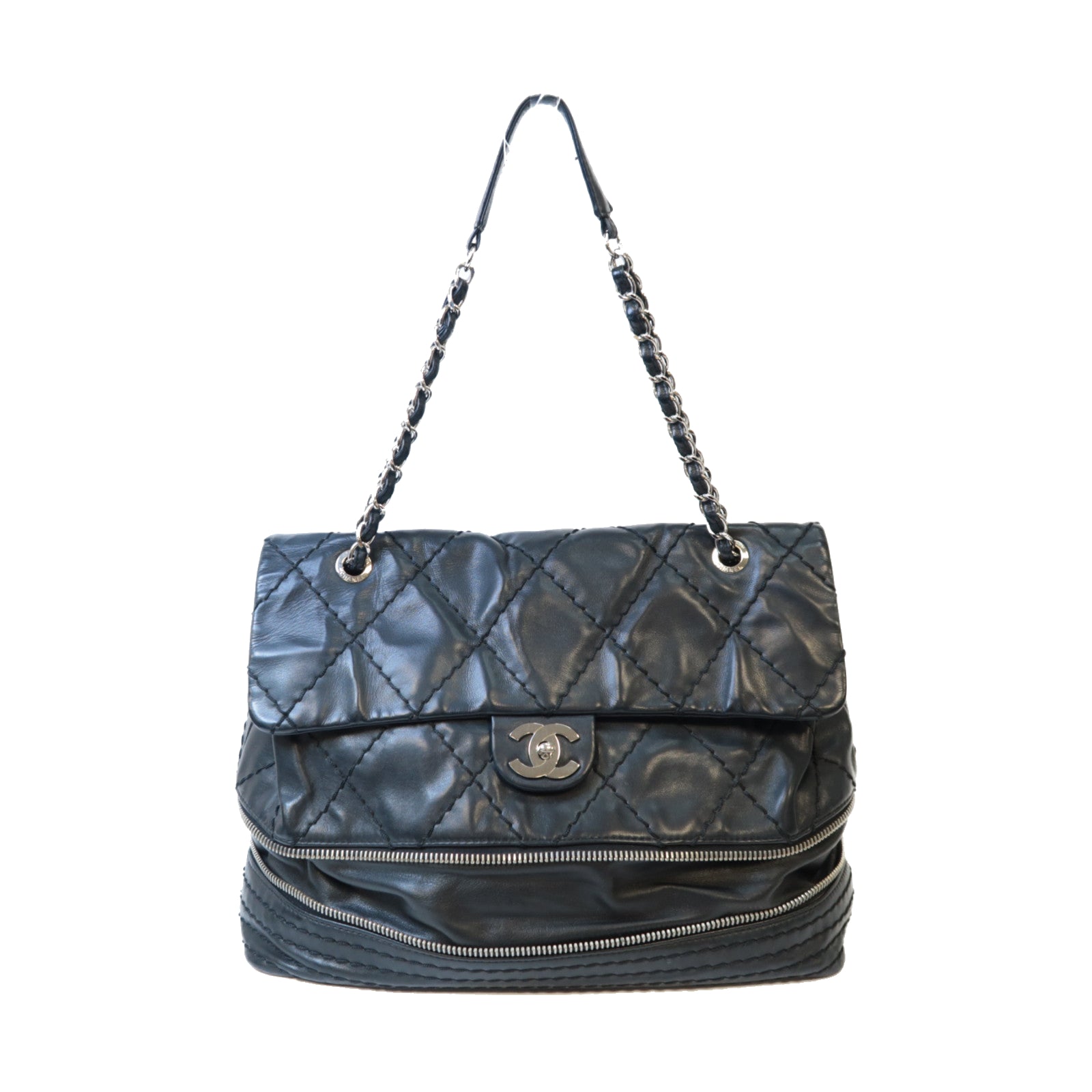CHANEL 菱格牛皮皮革Shoulder Bag銀扣肩背袋黑色
