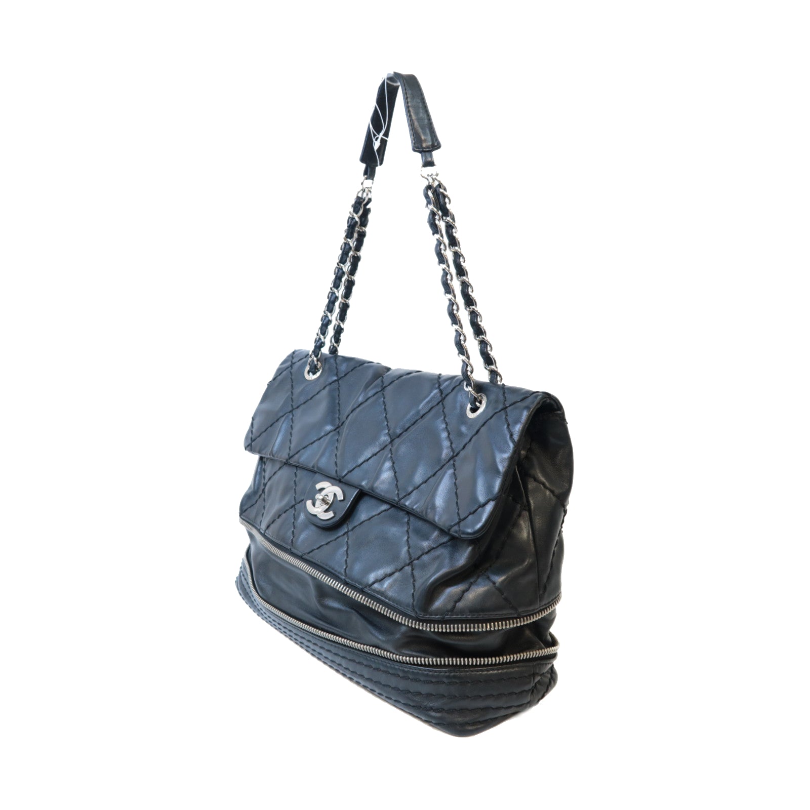 CHANEL 菱格牛皮皮革Shoulder Bag銀扣肩背袋黑色