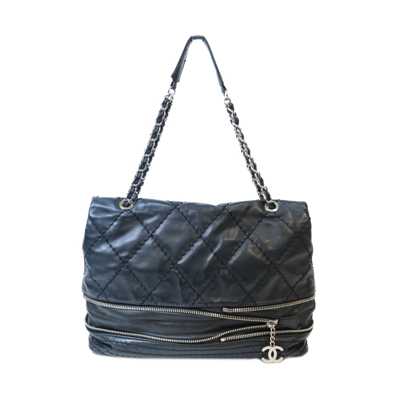CHANEL 菱格牛皮皮革Shoulder Bag銀扣肩背袋黑色