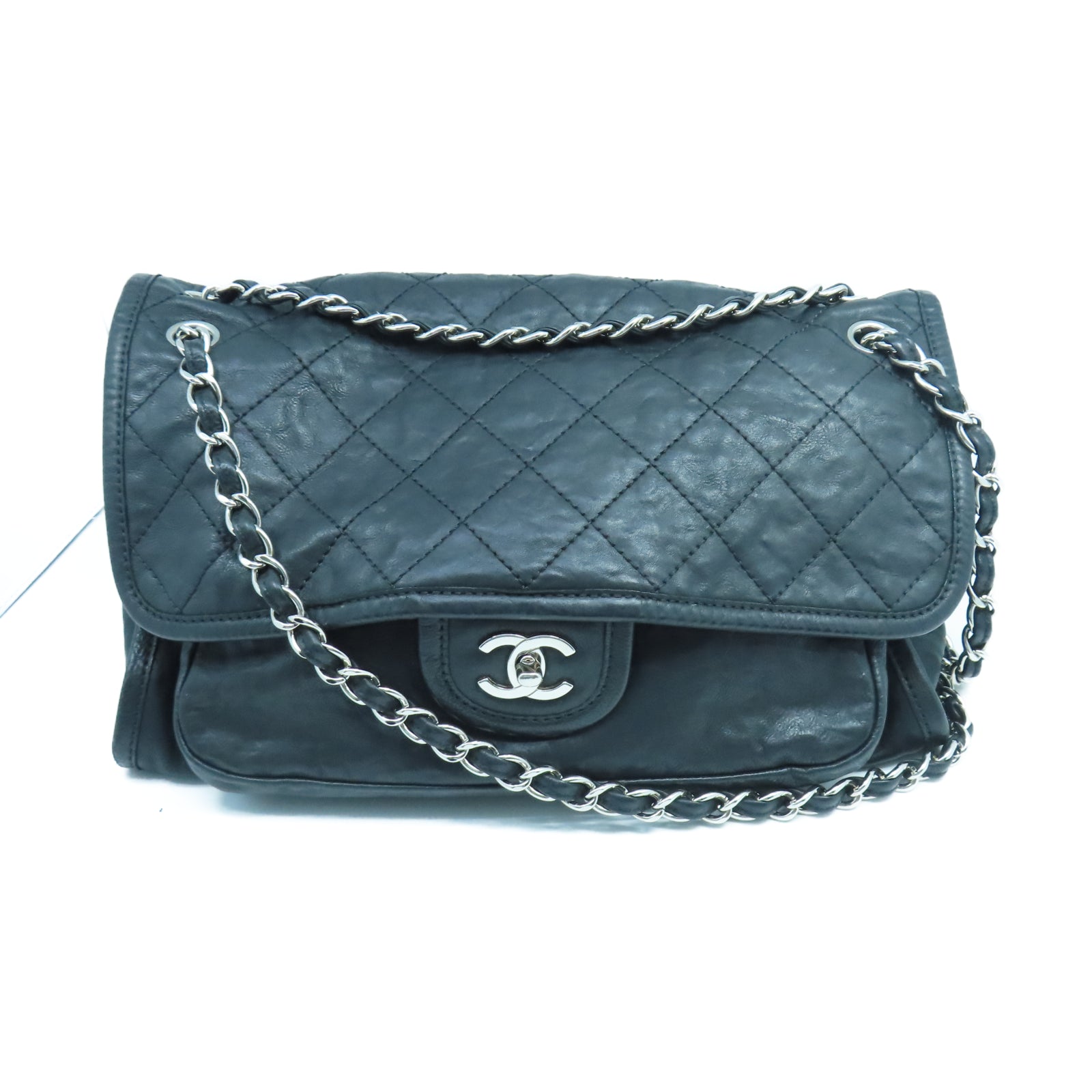 CHANEL 菱格羊皮皮革Chain Shoulder銀扣鏈帶肩背袋黑色