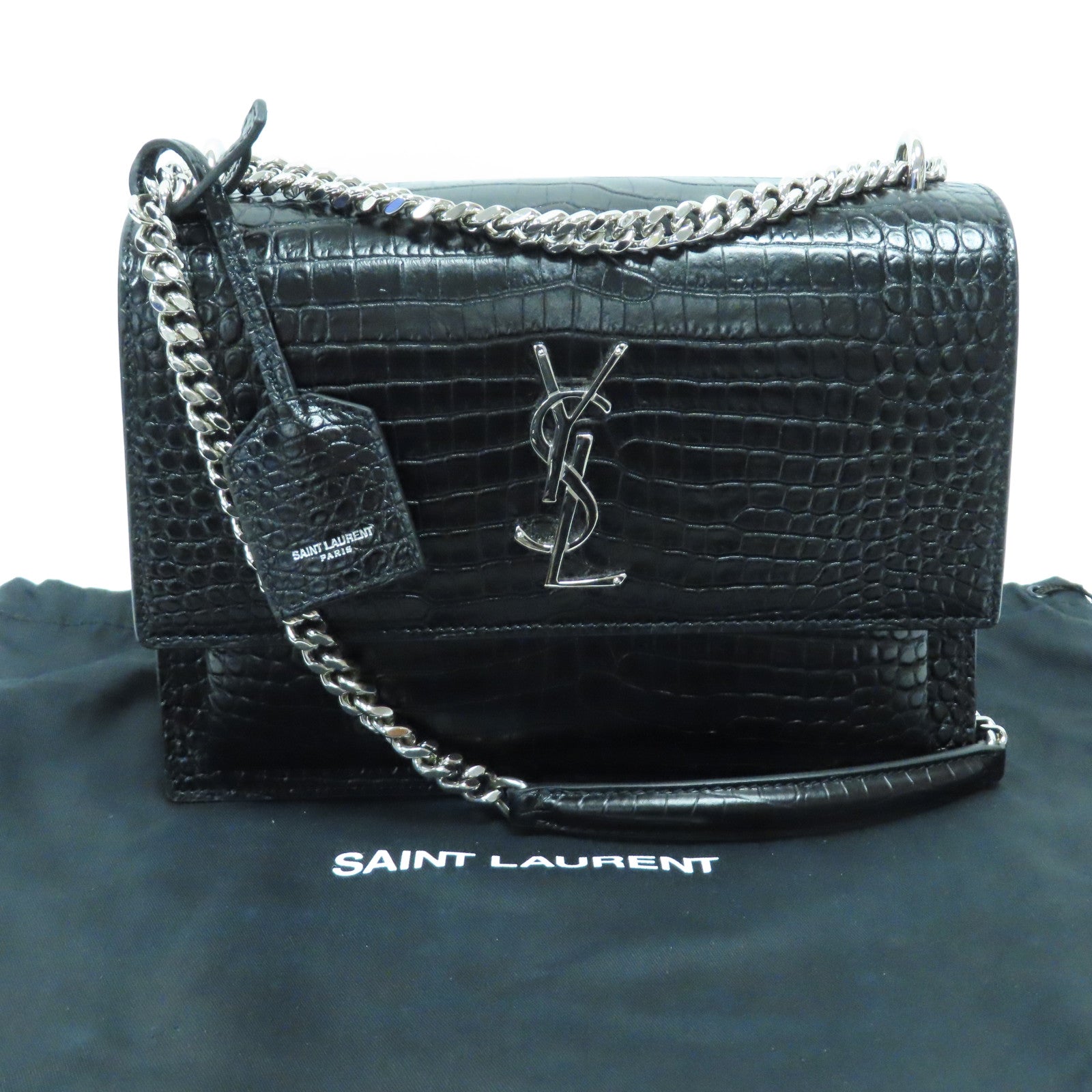 SAINT LAURENT 牛皮皮革Chain Shoulder Bag銀扣鏈帶肩背袋黑色