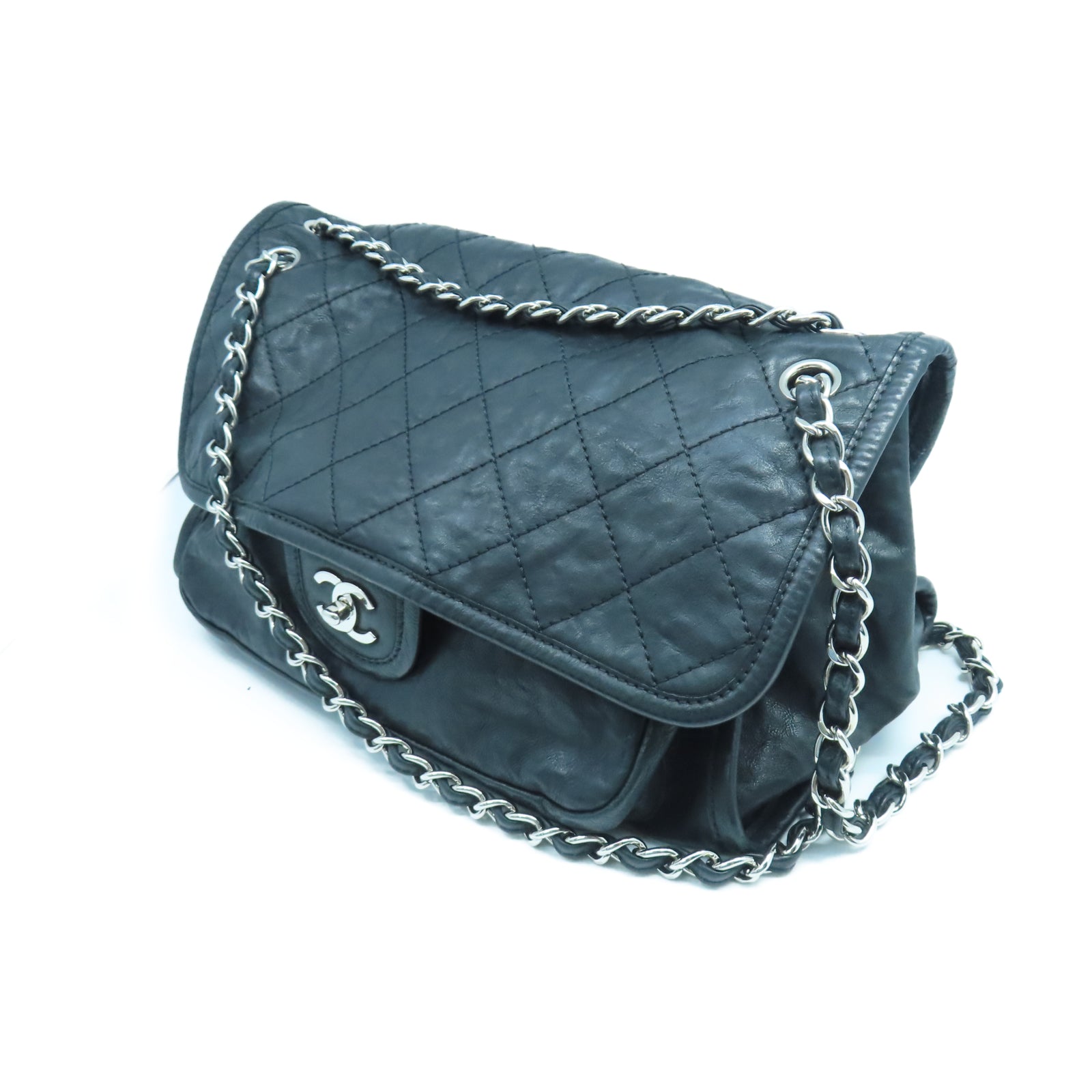 CHANEL 菱格羊皮皮革Chain Shoulder銀扣鏈帶肩背袋黑色